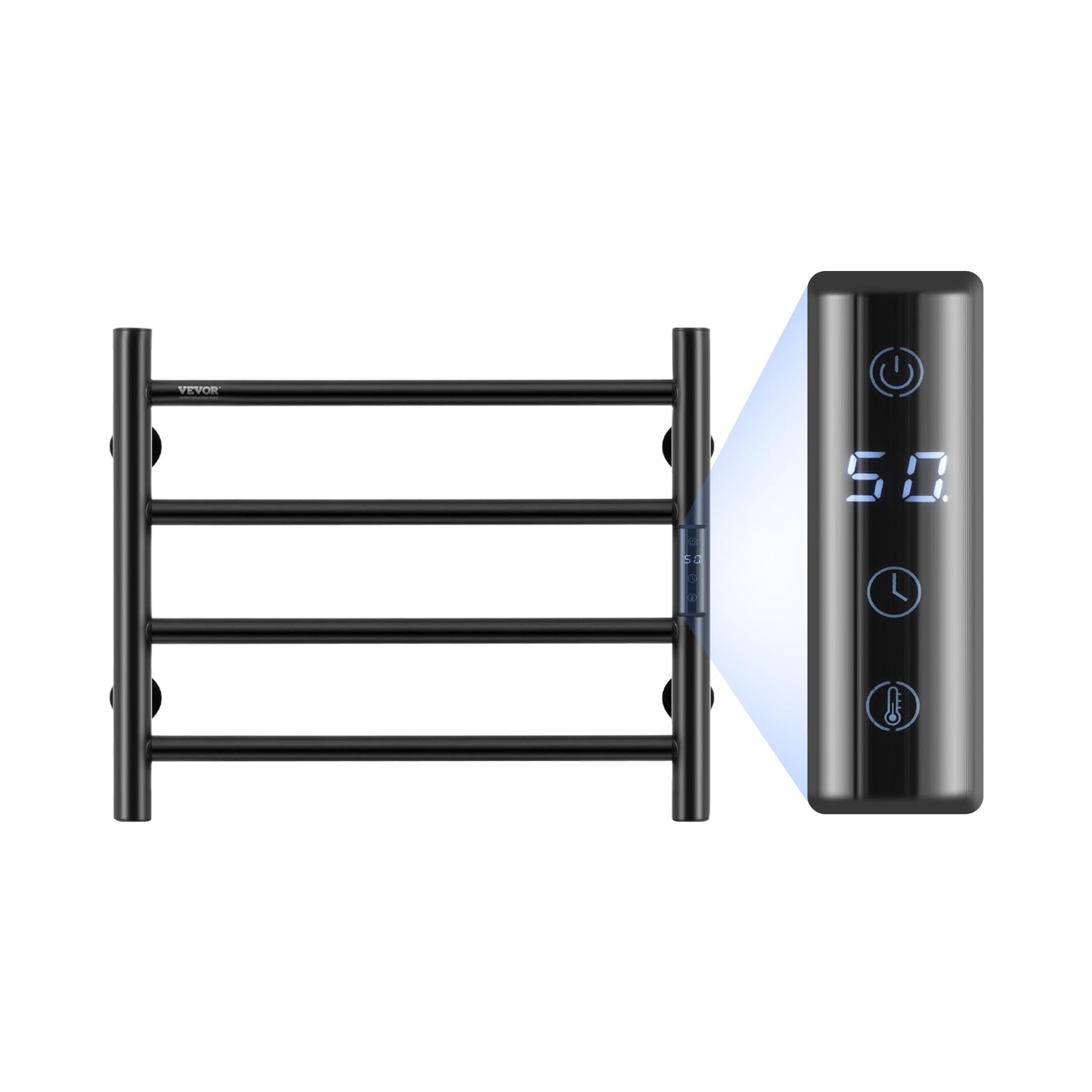 VEVOR 4-Bar Wall Mounted Heated Towel Rack - IPX5 Waterproof Bathroom Towel Warmer with Timer, LED Display & 5 Temperature Settings - Perfect for Spa, Luxury Hotels & Home Bathrooms (Black)