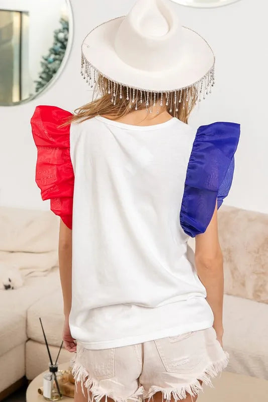 BiBi USA Women's Color Block Organza Ruffle Sleeve Blouse | Elegant Party Top for Weddings, Dinners & Special Occasions
