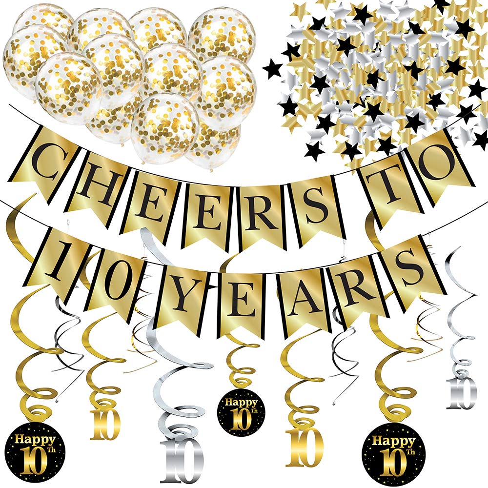 10th Birthday & Anniversary Party Decorations Kit - Cheers to 10 Years Banner, Balloons, Swirls & Confetti Supplies | Perfect for Milestone Celebrations, Decade Parties & Special Events