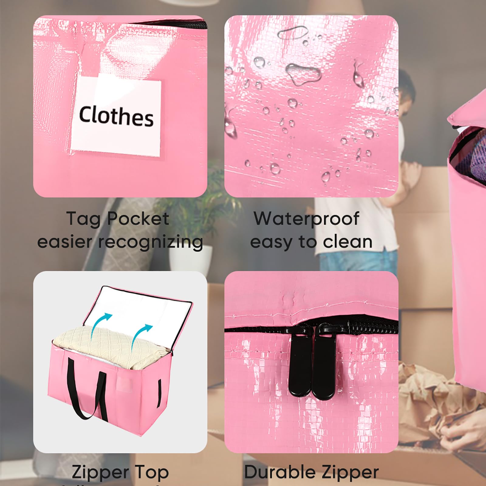 Heavy Duty Extra Large Moving Bags with Zippers & Handles - 180GSM Thick Material Waterproof Storage Totes (2 Pack, Pink) - Space Saving Reusable Packaging Bags for Moving, Storage & Travel Organization