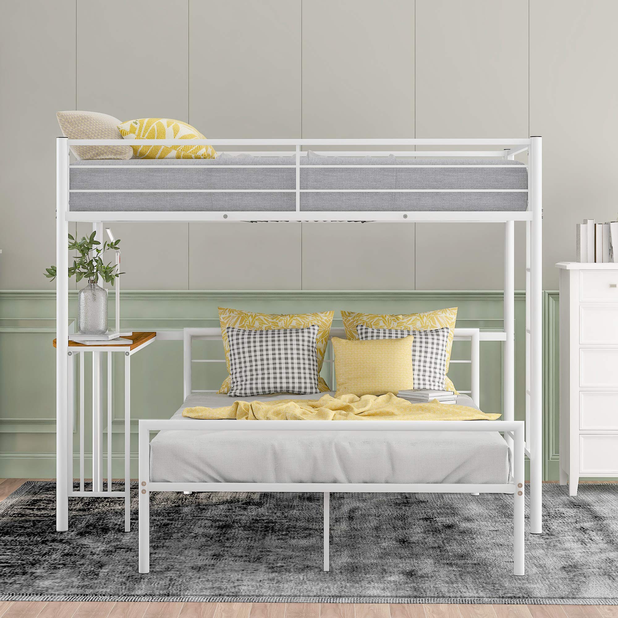 Dolonm Convertible Twin Over Full Metal Bunk Bed with Built-in Desk, Ladder & Safety Guardrails - Heavy Duty Space-Saving Bed Frame for Kids, Teens & Small Bedrooms (White) - Perfect for Shared Rooms, Dorms & Studio Apartments