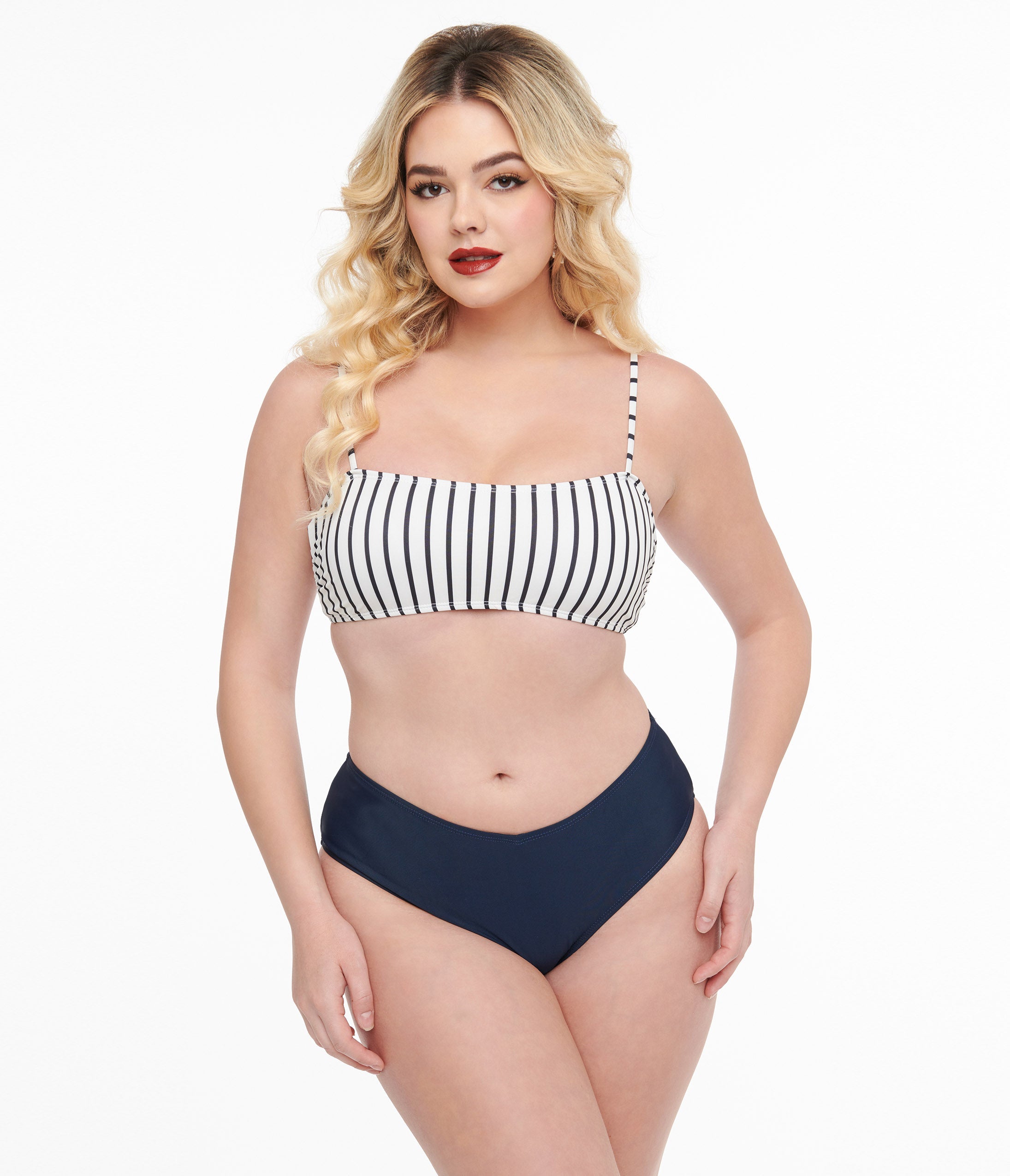 Navy & White Striped Two Piece Swimwear Set - Women's High Waisted Bikini Top & Bottom for Beach, Pool, Vacation