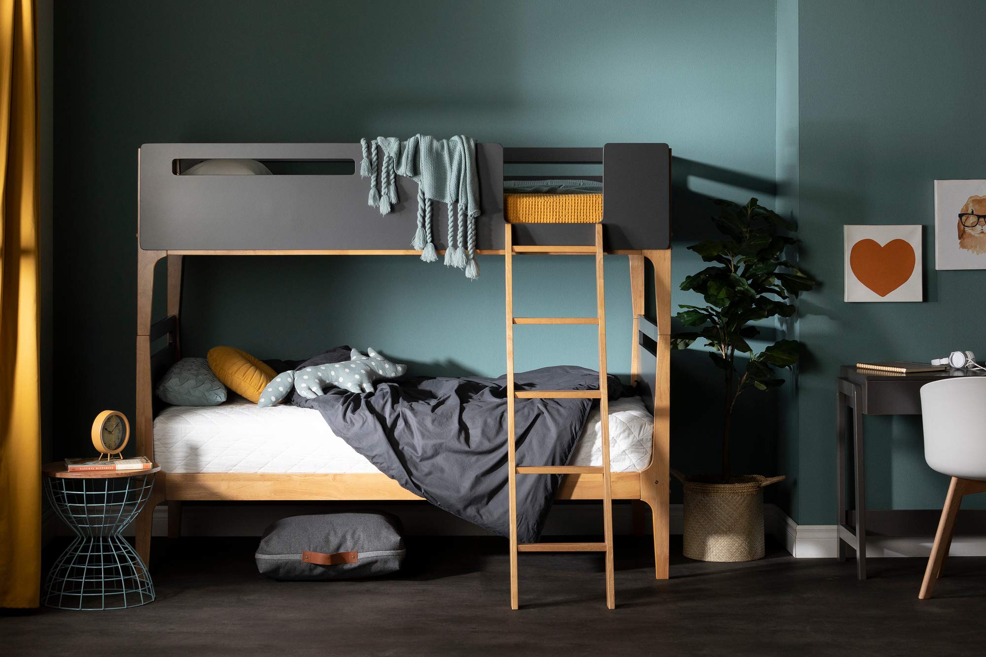 South Shore Bebble Twin Bunk Bed with Ladder - Charcoal Gray & Exotic Wood Finish - Space-Saving Kids Bedroom Furniture for Siblings or Sleepovers