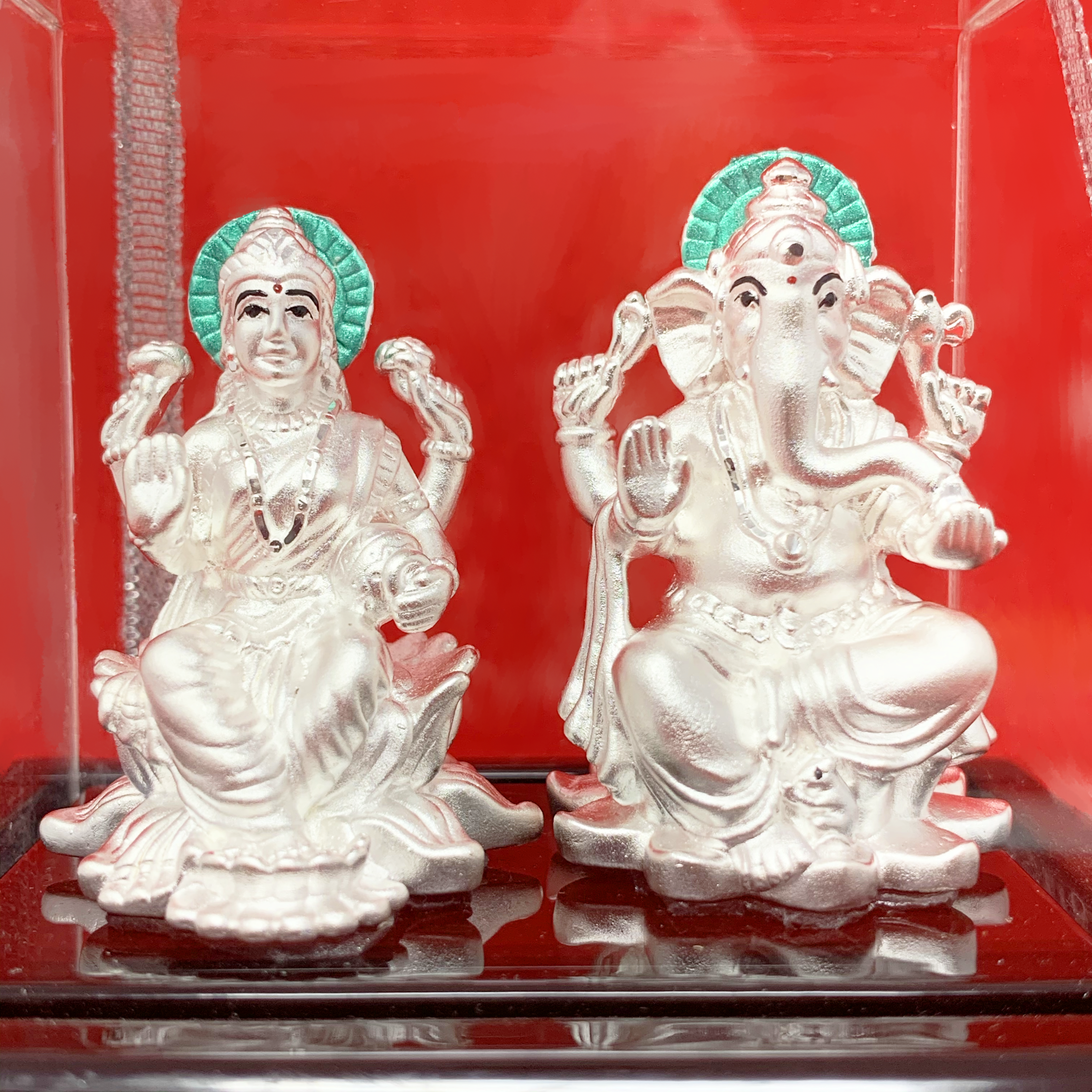 999 Pure Silver Lakshmi Ganesha Statue with Blue Headrest - Hindu God Idol for Home Altar, Office Decor & Spiritual Gifts