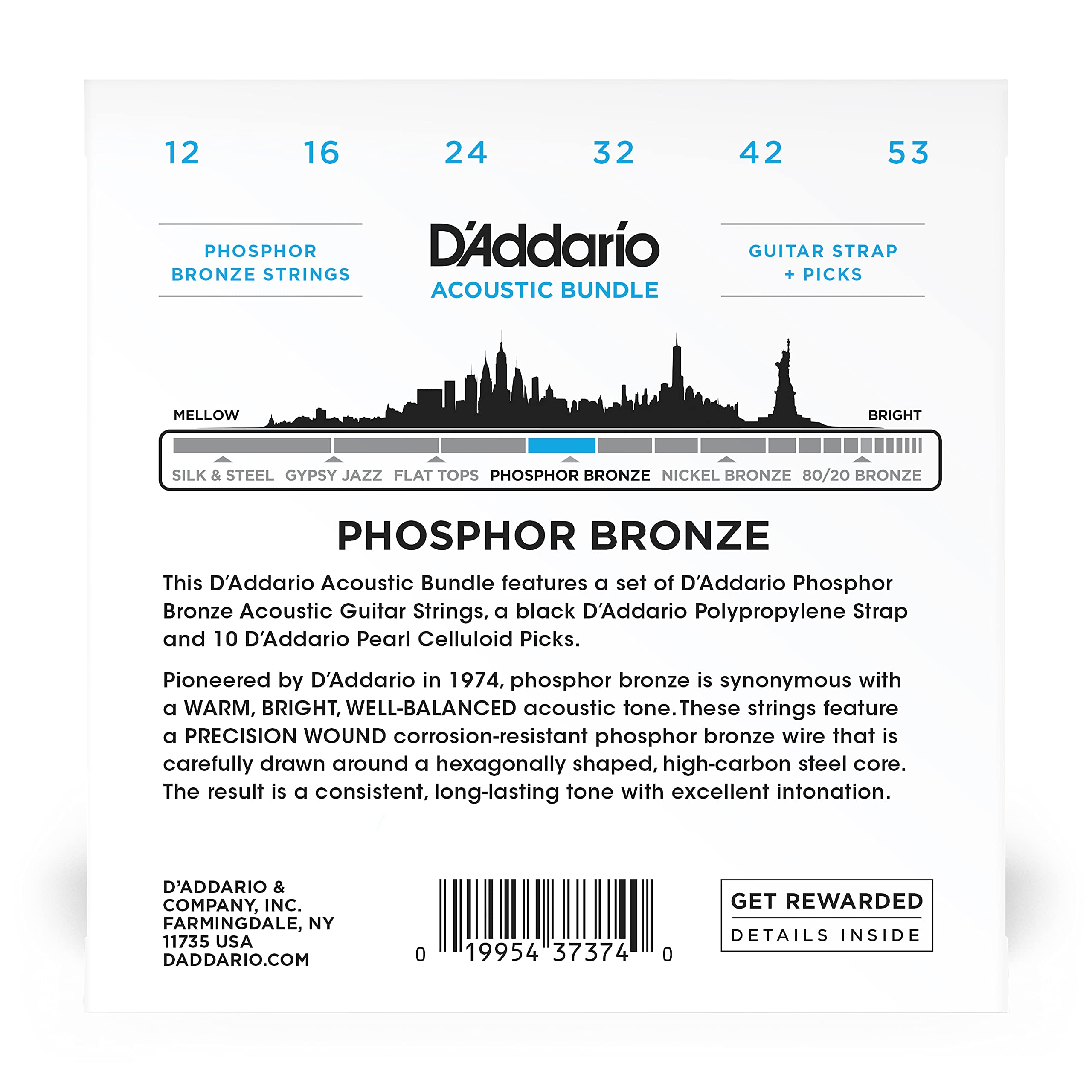 D'Addario Acoustic Guitar Strings & Accessories Kit - EJ16 Phosphor Bronze 12-53 Light Strings, Black Poly Pro Strap, 10-Pack Medium Celluloid Picks - Perfect for Beginners & Practice Sessions