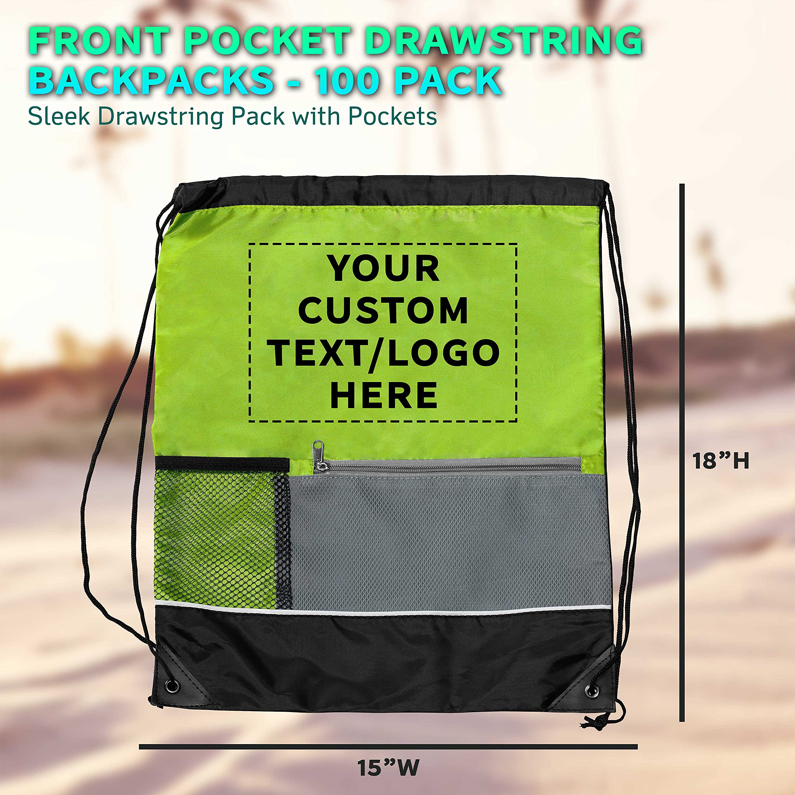Custom Front Pocket Drawstring Backpacks - Bulk Set of 100 Personalized Reusable Bags | Lightweight Sports & Promotional Backpacks in Lime Green | Perfect for School, Gym, Travel & Events