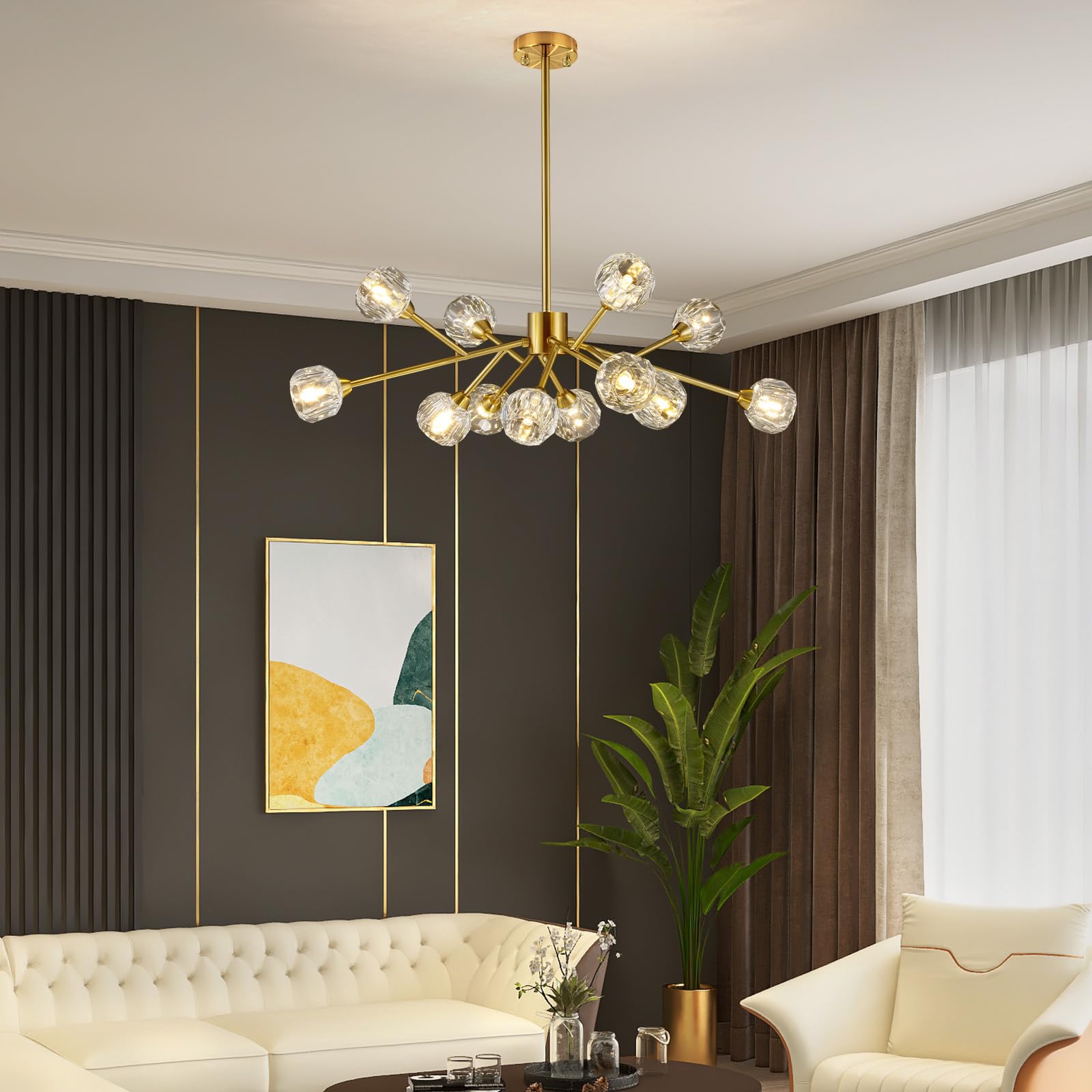 Modern Sputnik Chandelier - 12-Light Gold Crystal Pendant Lighting Fixture for Dining Room, Kitchen Island, Living Room | Mid-Century Ceiling Light for Home, Bedroom, Bar & Office Decor | Elegant Lighting Solution for Parties & Romantic Dinners