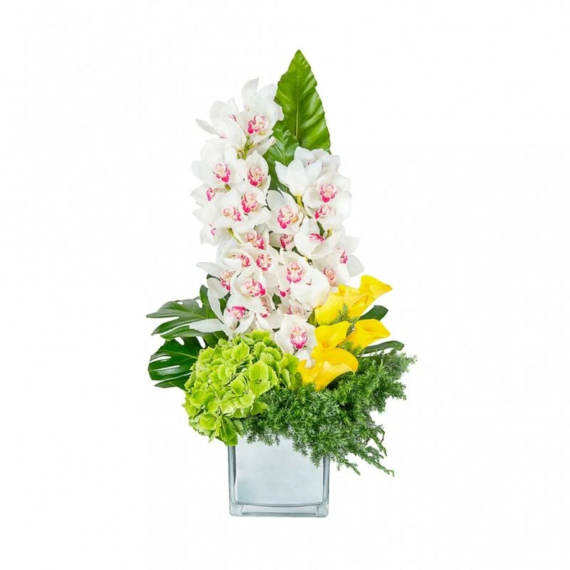 Elegant Cymbidium and Calla Lily Bouquet in Glass Vase - Perfect for Home Decor, Wedding Centerpieces, and Gift Giving