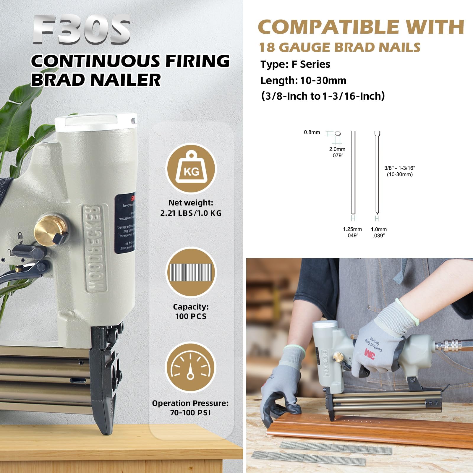Woodpecker F30S 18 Gauge Pneumatic Brad Nailer - 3/8