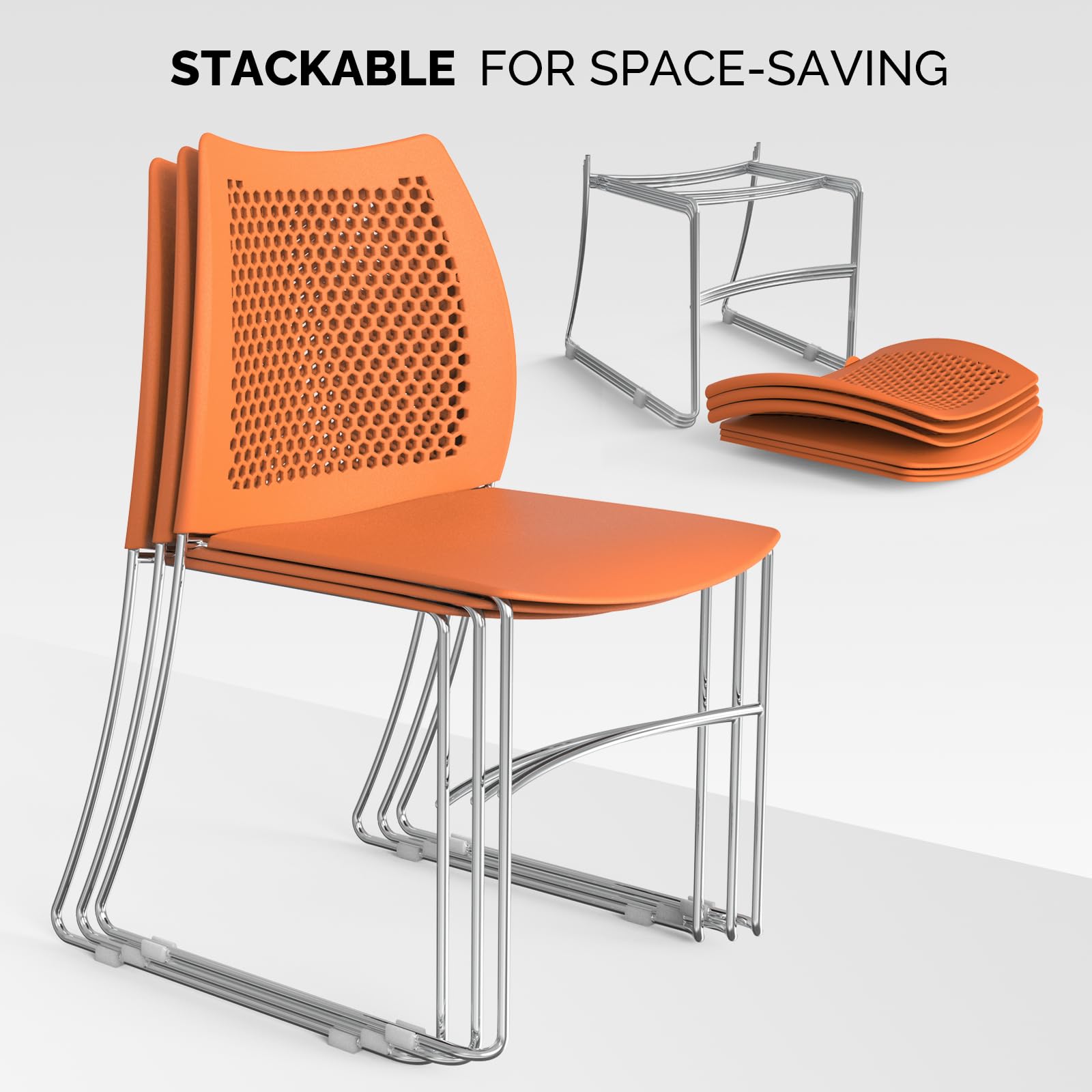 VINGLI 5-Pack Stackable Office Chairs with Metal Sled Base - Ergonomic Plastic Seat & Ventilated Back - Space-Saving Chairs for Waiting Rooms, Break Rooms, Banquets & Guest Seating (Orange) - Perfect for Home, Office & Event Use
