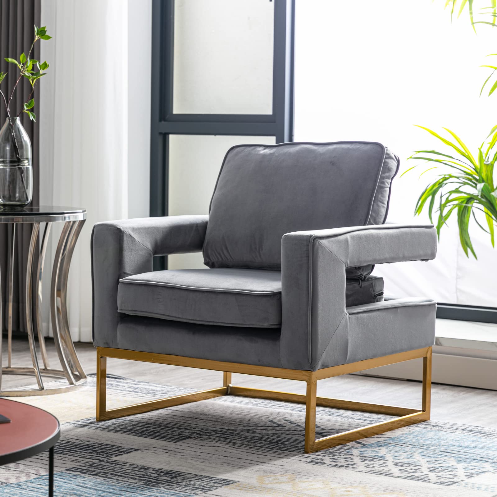 LukeAlon Elegant Velvet Accent Club Chair - Modern Upholstered Armchair with Gold Metal Legs, Comfortable Reading Chair for Living Room & Bedroom, Grey | Perfect for Home Office, Lounge & Cozy Reading Nook