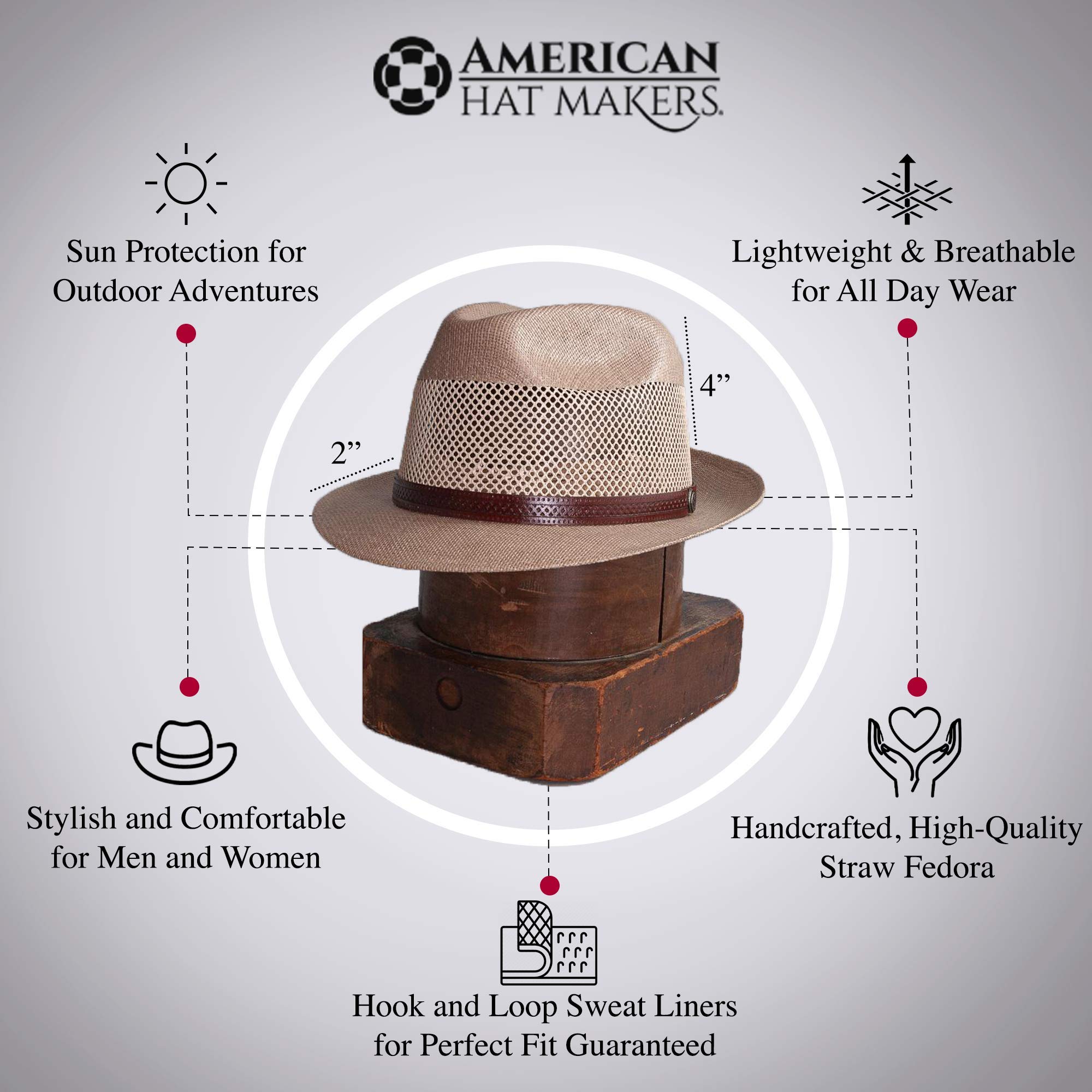 American Hat Makers Tuscany Straw Fedora Hat for Men & Women - Breathable Sun Hat for Outdoor Activities, Beach, Travel & Summer Fashion