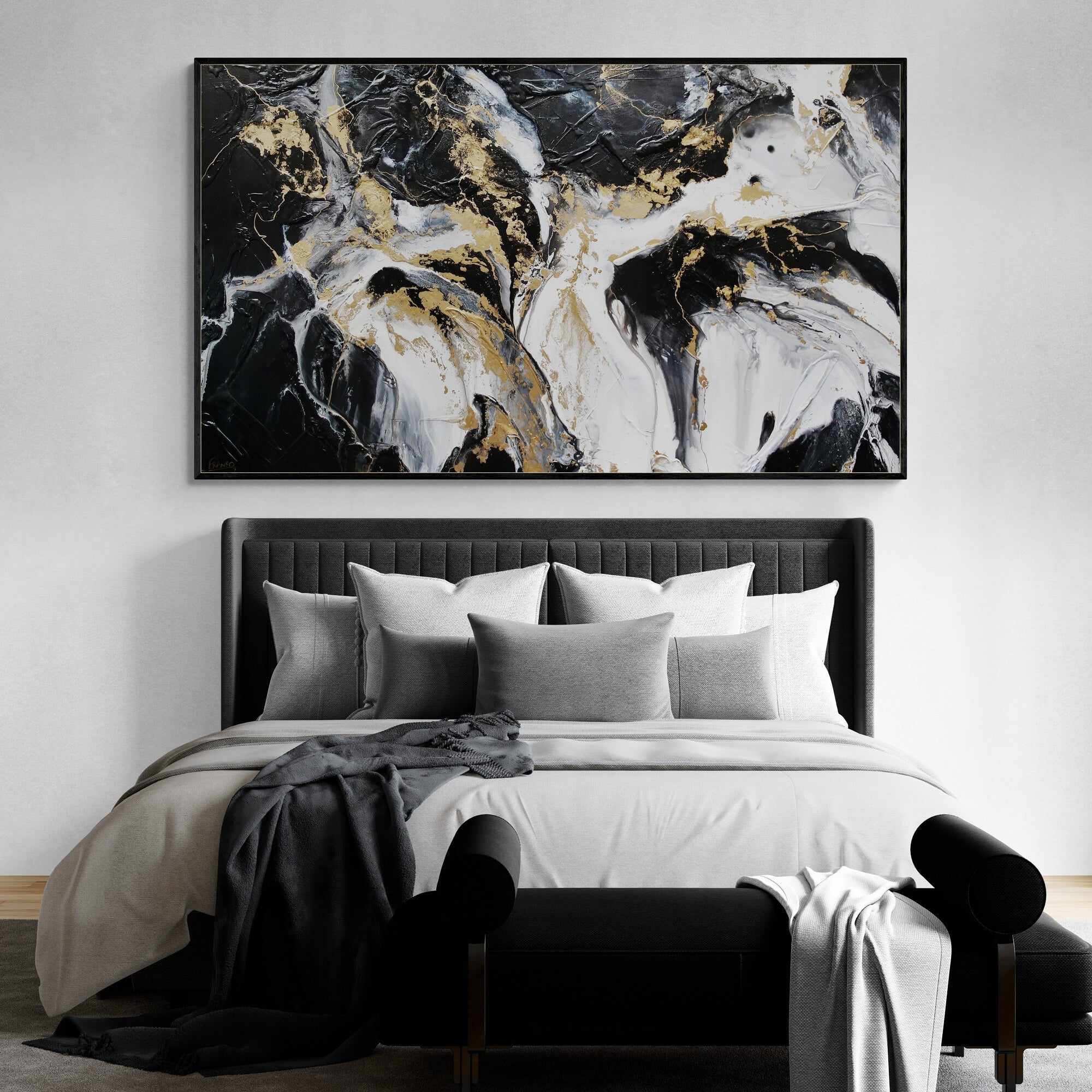 Golden Silk 200cm x 120cm Black White Gold Textured Abstract Wall Art Canvas Painting - Modern Home Decor for Living Room, Bedroom, Office