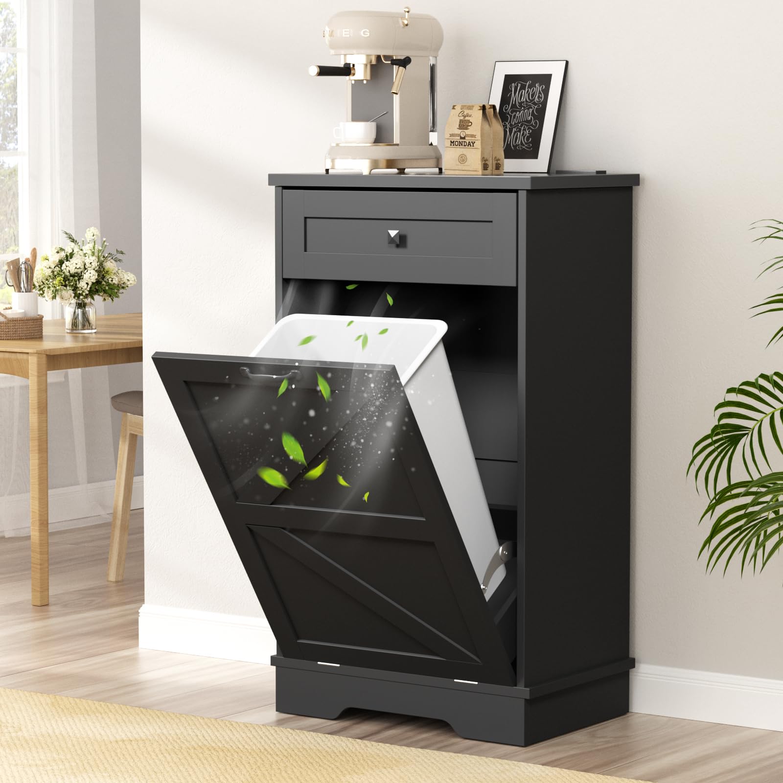 Farmhouse Tilt Out Trash Cabinet with Negative Ion Technology - 10 Gallon Dog Proof Garbage Can Storage for Kitchen, Bathroom & Living Room - Black - Perfect for Small Spaces and Pet-Friendly Homes