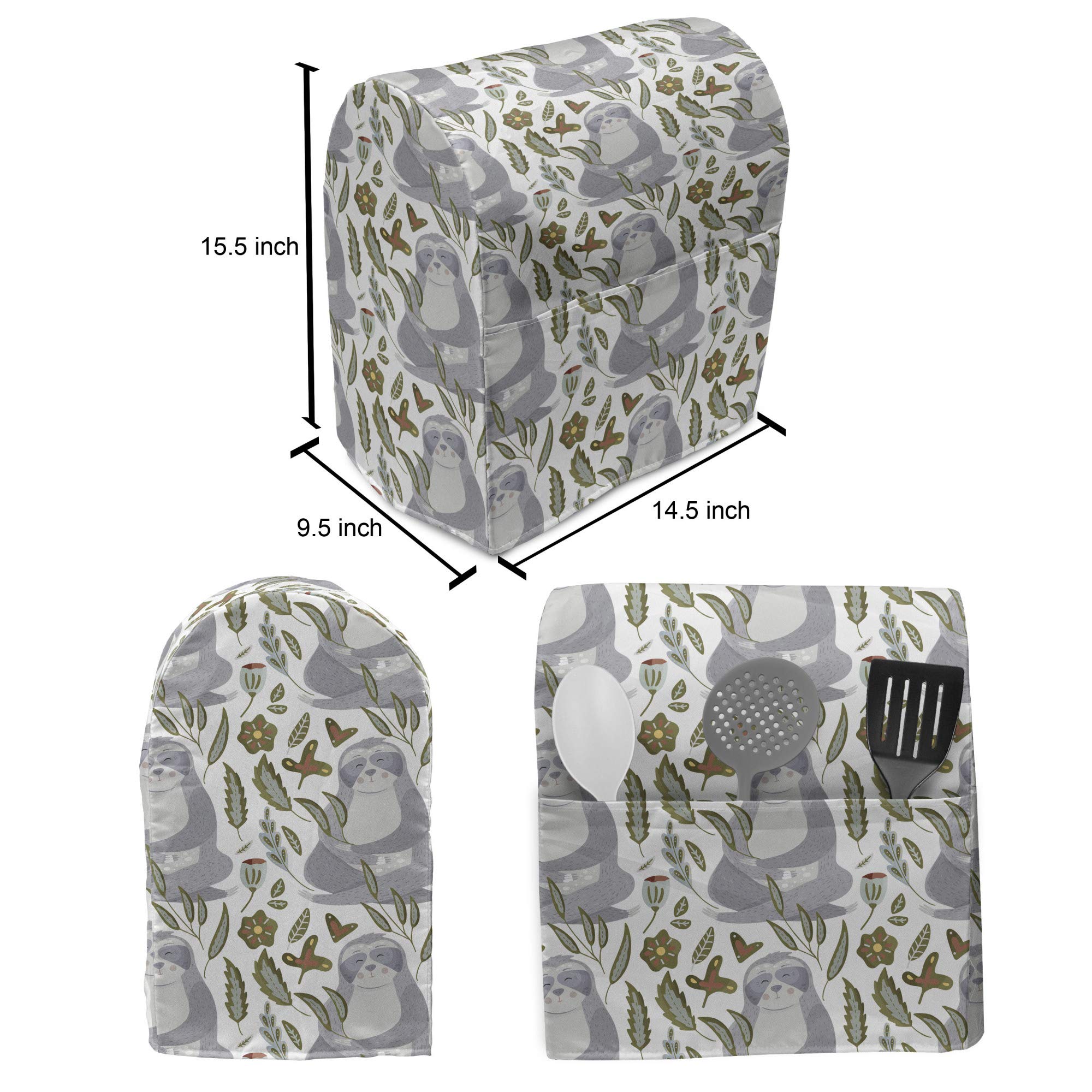 Ambesonne Sloth Stand Mixer Cover - Watercolor Lazy Animal & Autumn Botany Design, Kitchen Appliance Organizer with Pocket (Fits 6-8 Quart Mixers, White & Multicolor) - Perfect for Baking, Cooking & Kitchen Organization