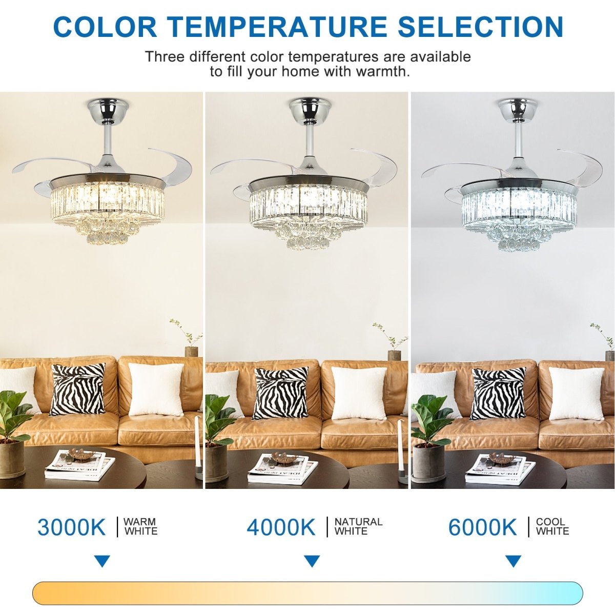 Modern Crystal Retractable Invisible Blades Fandelier - 42 Inch LED Chandelier Ceiling Fan with Remote, 3 Color Temperatures (3000K-6000K), 6-Speed Reversible DC Motor, Silver - Perfect for Bedroom, Living Room, and Dining Room Lighting