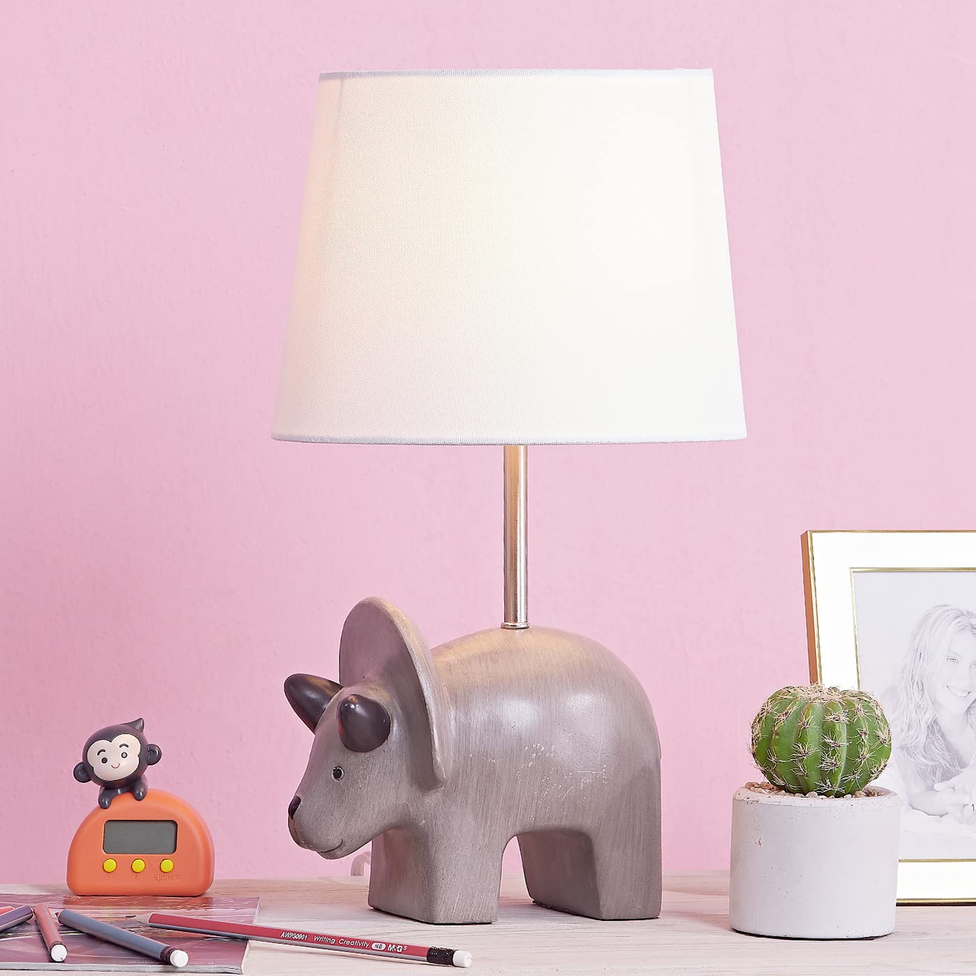 Maxax Dinosaur Desk Lamp - Grey Dino Night Light with White Shade for Kids Room, Study Table & Bedside Nightstand | Perfect for Bedroom, Nursery & Office Decor