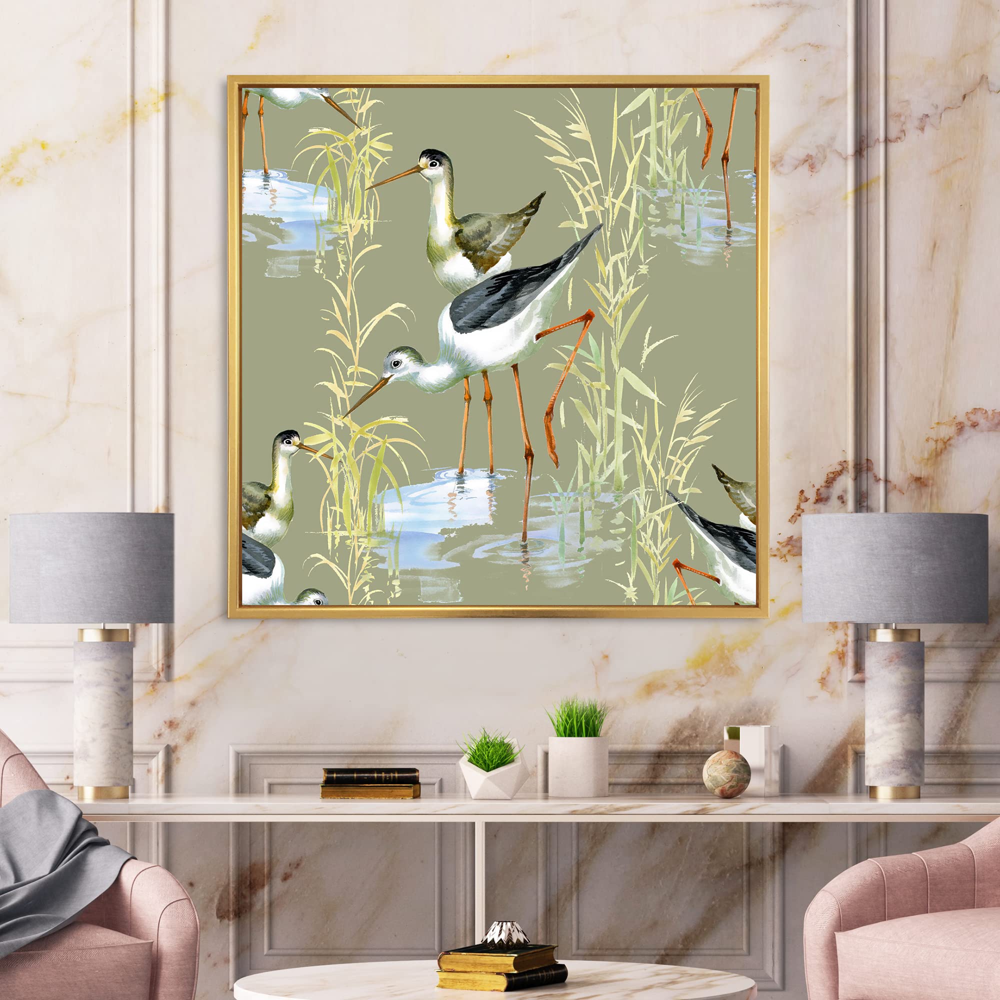 DesignQ Herons Birds In The Water - Farmhouse Framed Canvas Wall Art Print - Nature Inspired Home Decor for Living Room, Bedroom & Office