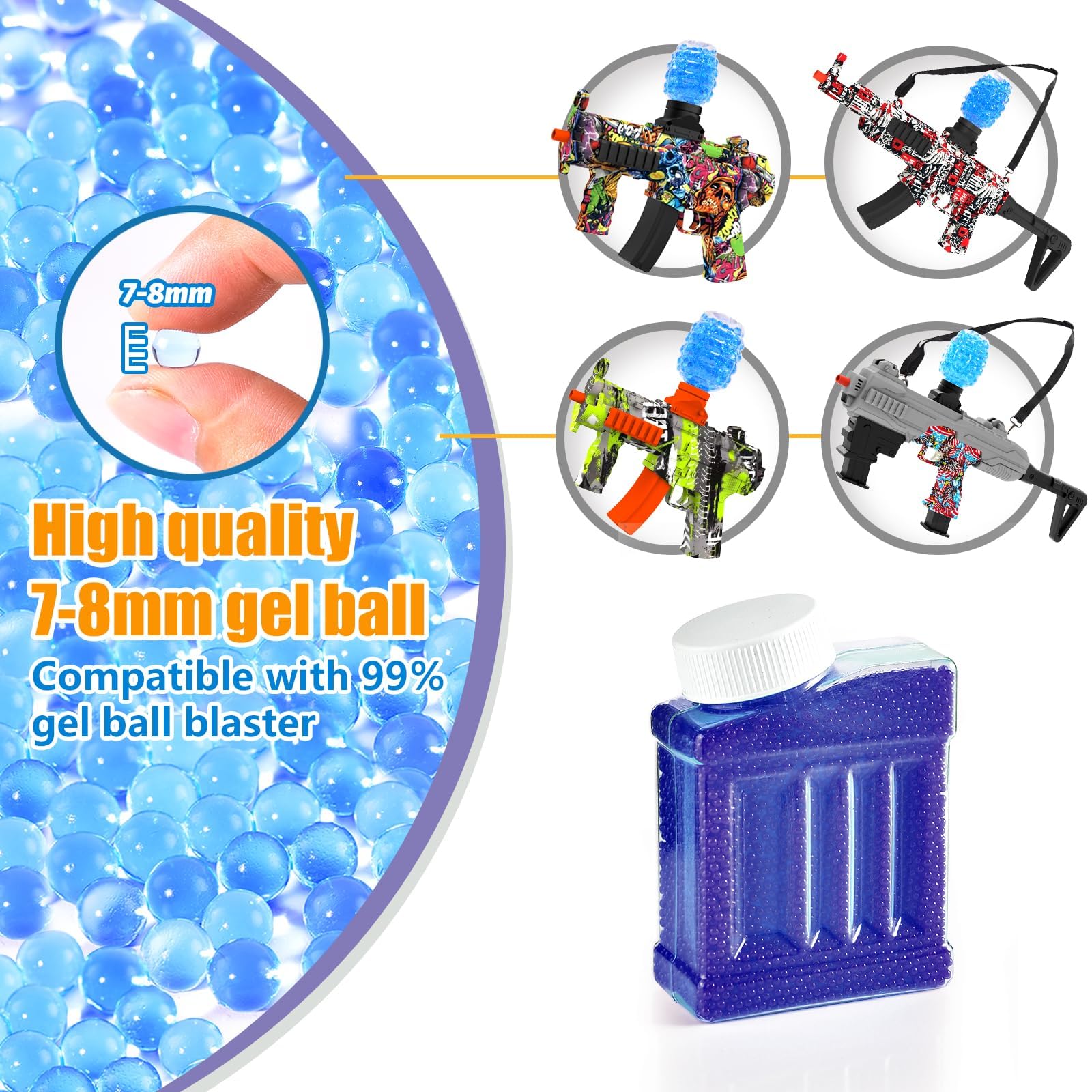 7-8mm Gel Ball Blaster Ammo Refill (4 Bottles, 120,000 Pieces) - 7.5mm Orby Gun Bullets, Splatter Gel Balls for Gel Blaster Guns | Compatible with Most Gel Ball Blasters | Ages 14+ | Multicolor | Perfect for Outdoor War Games, Target Practice & Backyard Battles