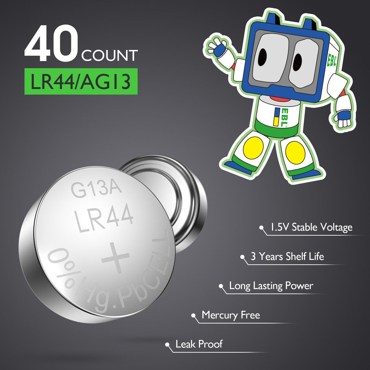 EBL LR44 AG13 Alkaline Button Cell Batteries (10-Pack) - Long-Lasting Power for Watches, Calculators, Toys & More - High-Performance 1.5V Coin Batteries