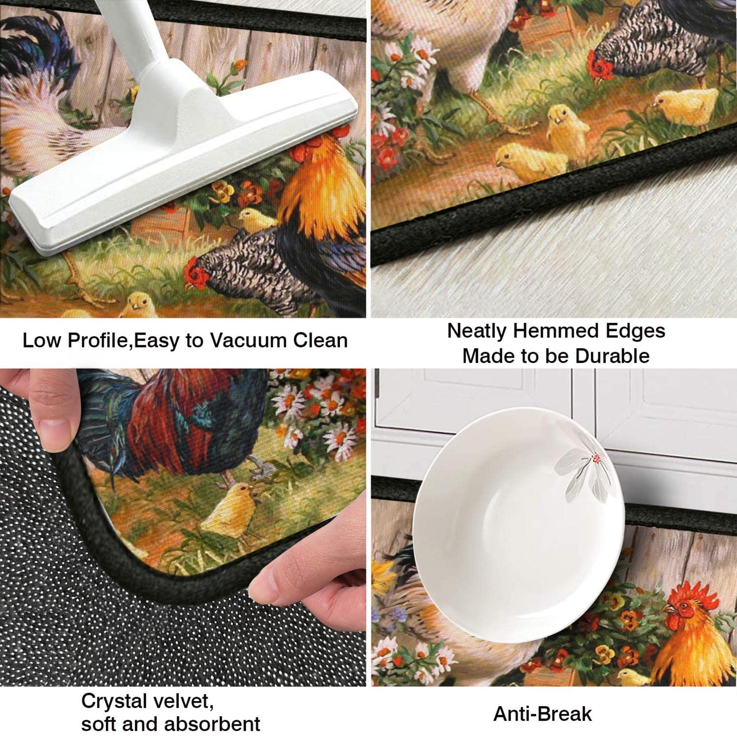 Rooster Theme Kitchen Rug 2-Piece Set - Farmhouse Decor Non-Slip Washable Floor Mats with Chicken & Sunflower Design (17