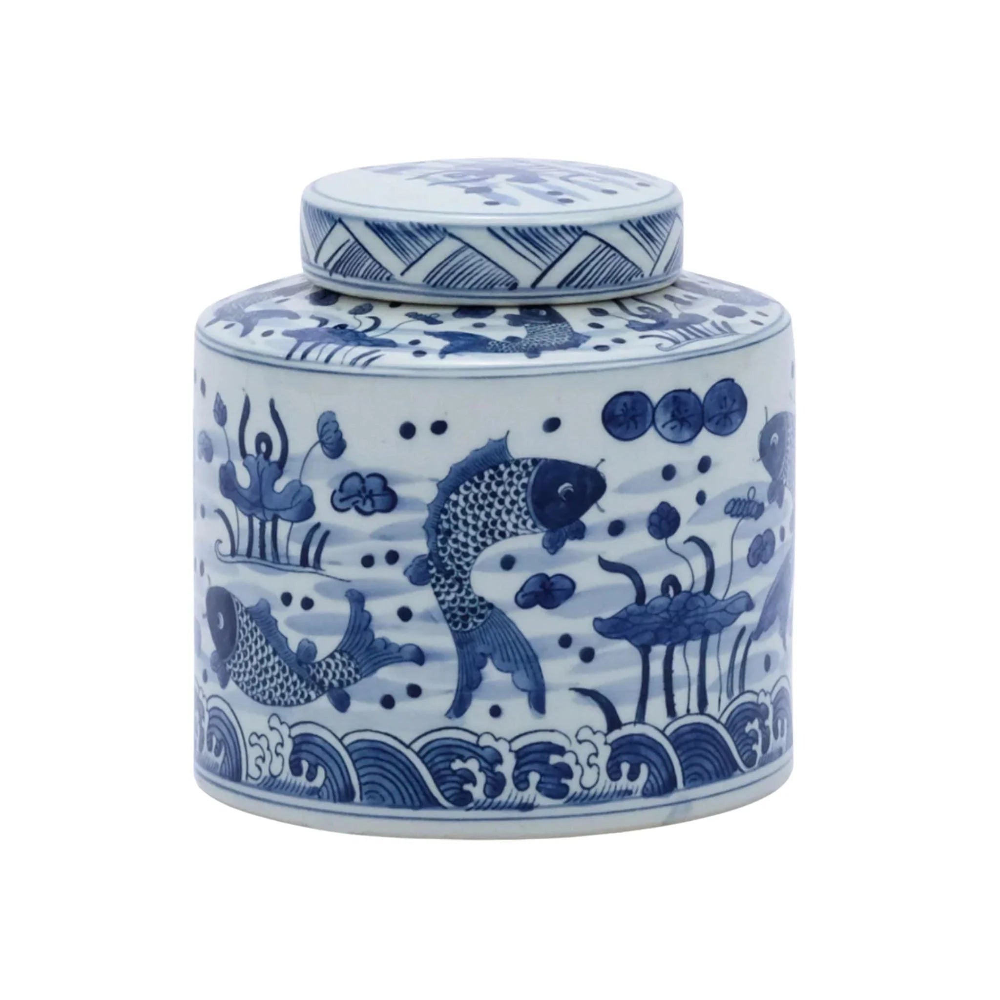 Blue and White Porcelain Fish Tea Storage Jar - Elegant Chinese Ceramic Canister for Loose Leaf Tea, Coffee, or Spices | Perfect for Kitchen, Pantry, or Gift Giving