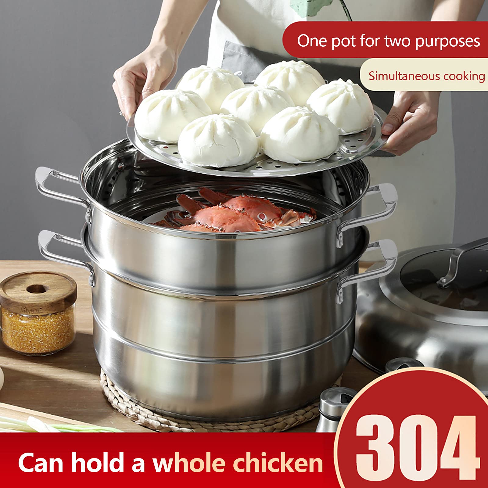 5-Layer Stackable Stainless Steel Steamer Pot with Glass Lid - 304 Rustproof Food Steamer for Vegetables, Dumplings & Seafood - Perfect for Healthy Cooking, Meal Prep & Asian Cuisine