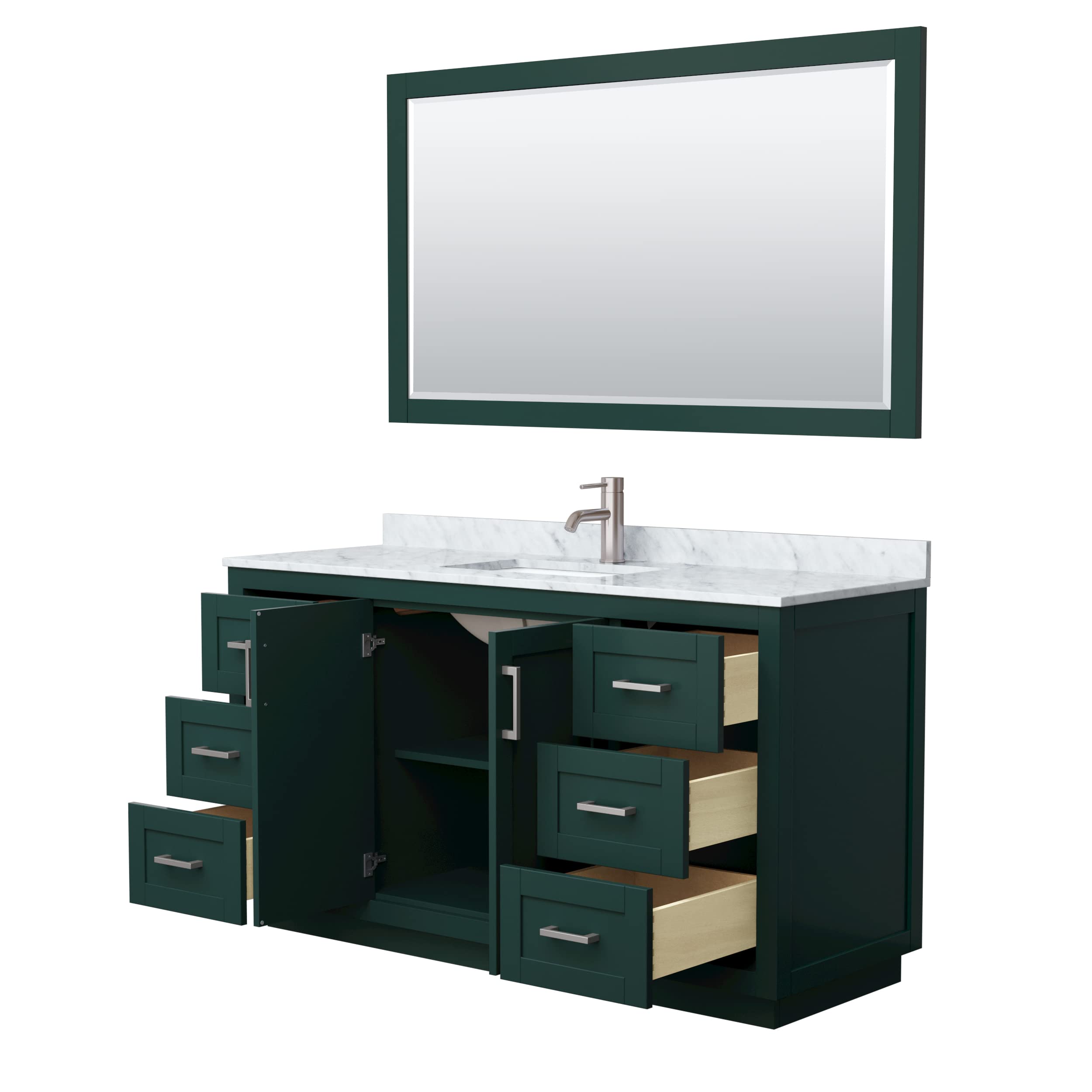 Wyndham Collection Miranda 60 Inch Single Bathroom Vanity with White Carrara Marble Countertop & Undermount Sink - Brushed Nickel Trim & 58 Inch Mirror - Modern Green Vanity for Bathroom Remodel, Master Bath or Guest Bath