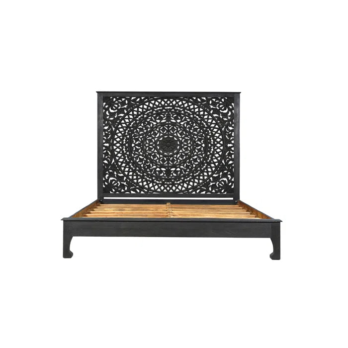 Hand Carved Solid Wood Low Profile Standard Bed Frame - Black | Modern Minimalist Bedroom Furniture for Small Spaces & Cozy Home Decor