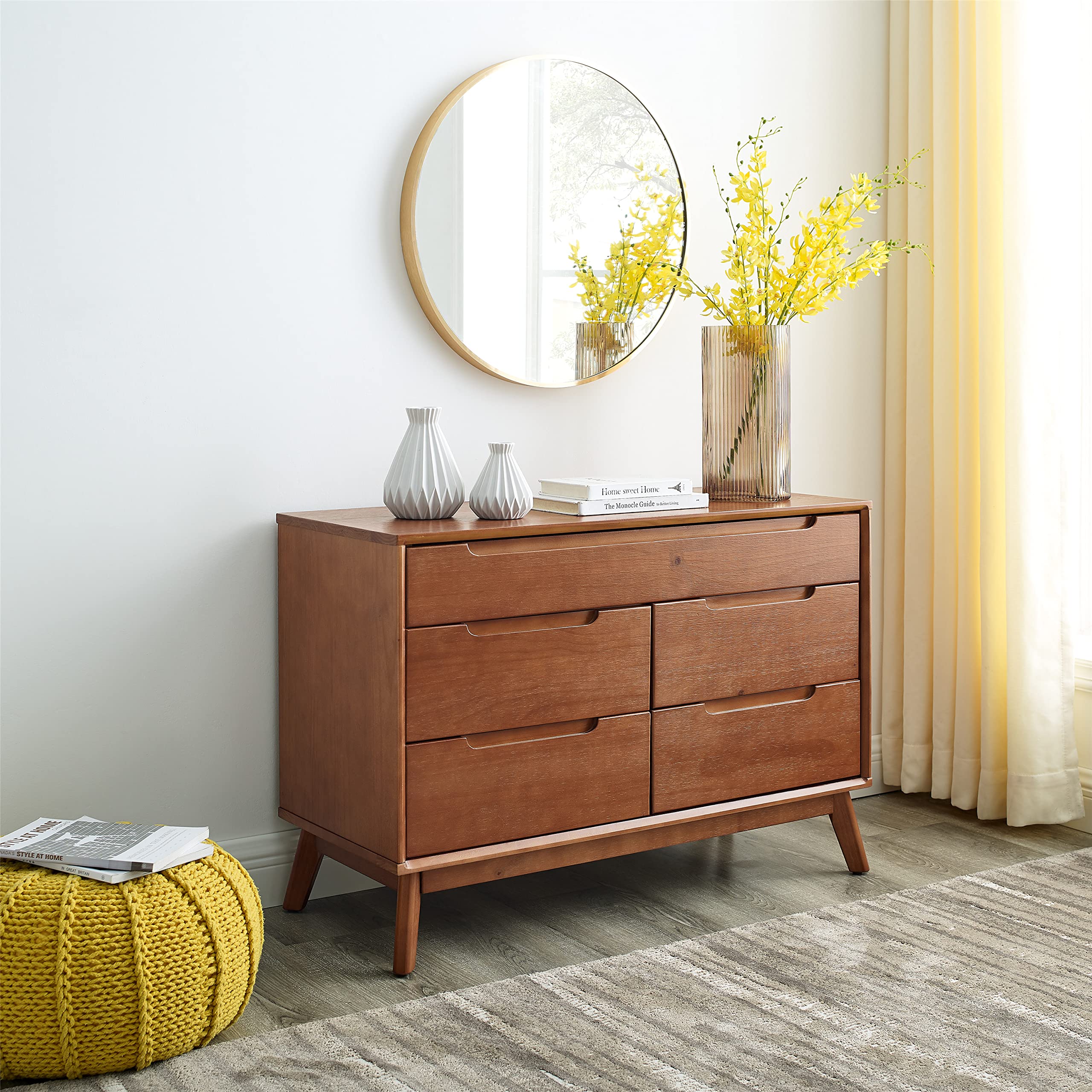 Mid Century Modern 5-Drawer Dresser for Bedroom - Solid Wood Storage Cabinet with 3-Tier Organizer - Walnut Finish for Closet, Living Room, Hallway & Nursery - Perfect for Clothes, Blankets & Home Organization