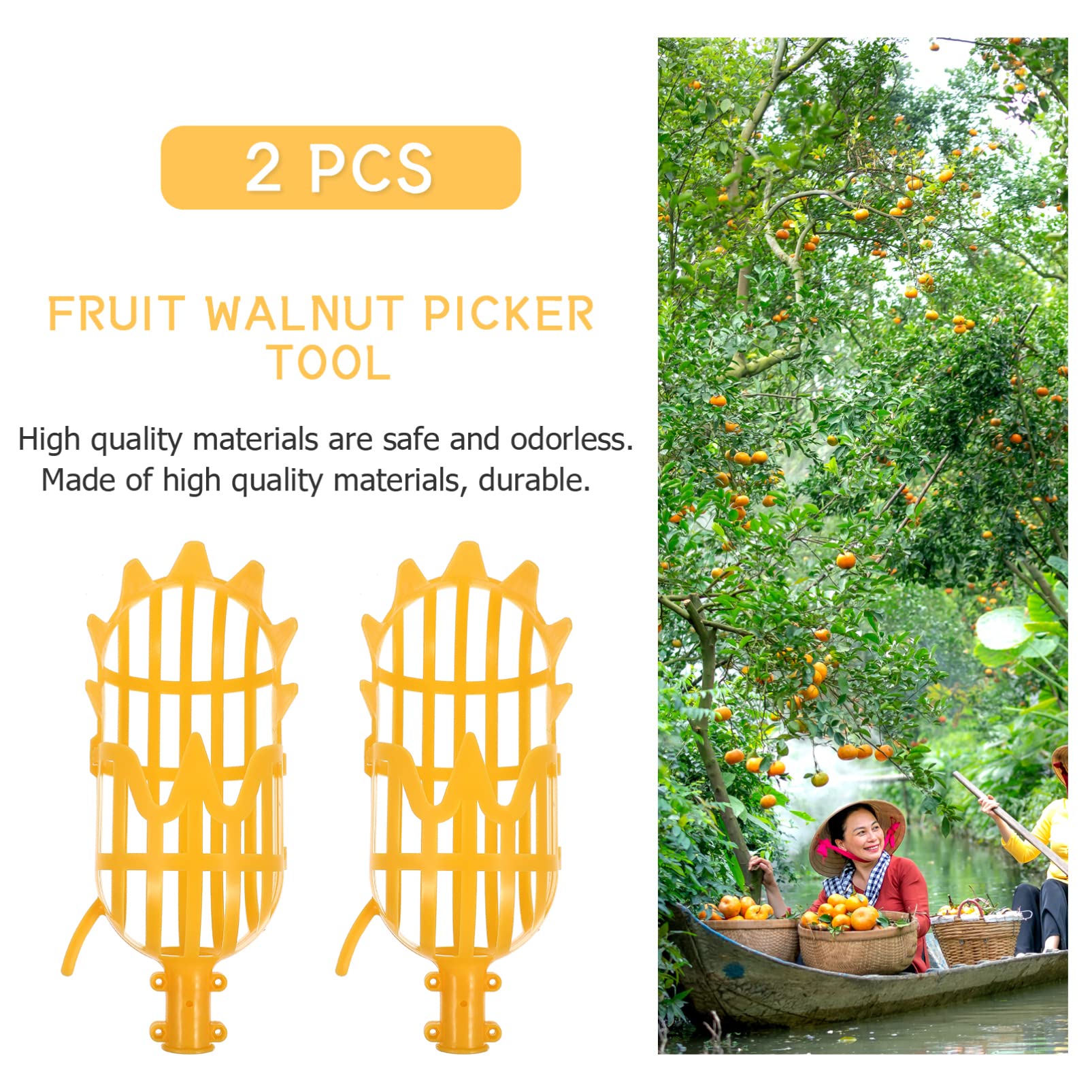DOITOOL 2-Pack Fruit Picker Basket with Extendable Pole - Harvesting Tool for Pears, Cherries, Apples & Citrus Fruits | Perfect for Home Garden, Orchard Picking & Farm Use (Orange Color, Pole Not Included)