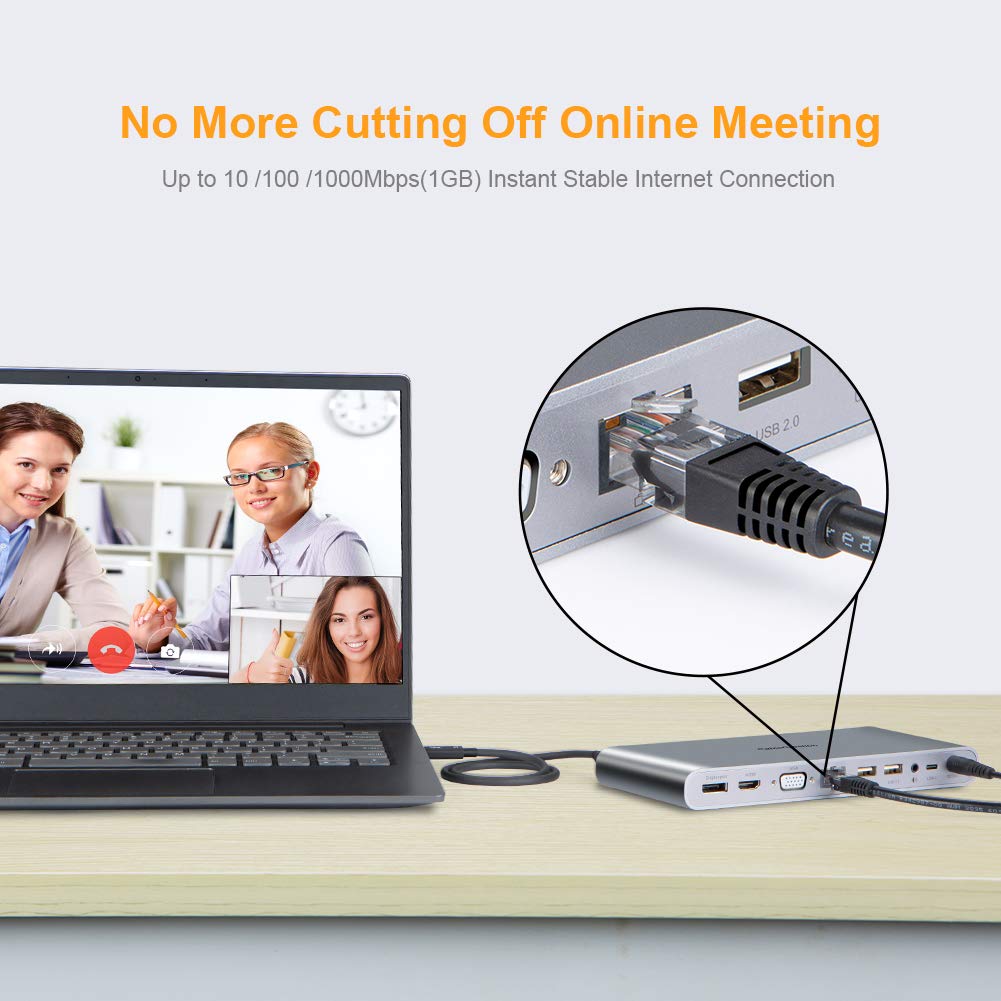 CableCreation Thunderbolt 3 Dock 13-in-1 USB C Hub with DisplayPort, VGA, HDMI, Ethernet, 2 Audio Ports, 4 USB A, USB C PD - 1.6ft Cable - Compatible with MacBook Pro/Air 2019/2018, Windows USB-C Laptops - Perfect for Home Office, Gaming & Video Editing Setup