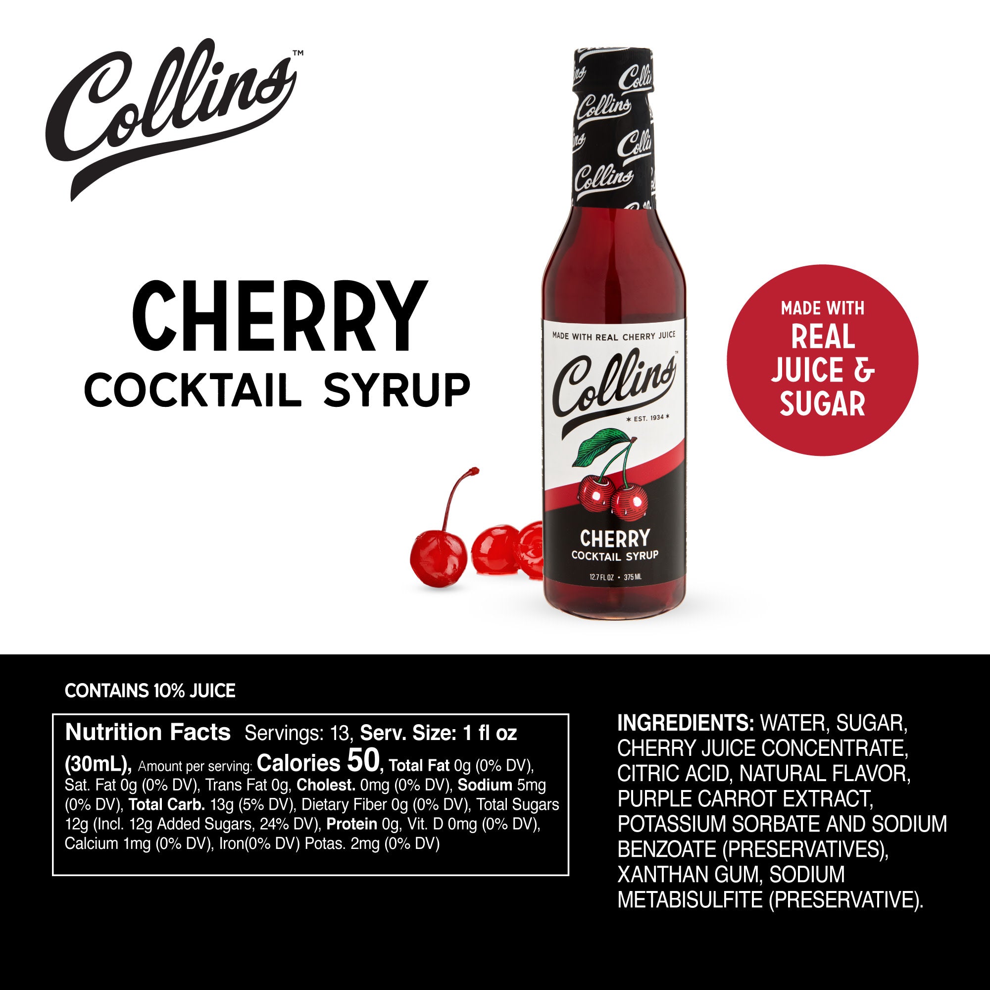 Premium Cherry Cocktail Syrup - 12.7 oz Bottle for Cocktails, Mocktails & Desserts | Sweet Cherry Flavor for Drinks, Baking & Ice Cream Topping