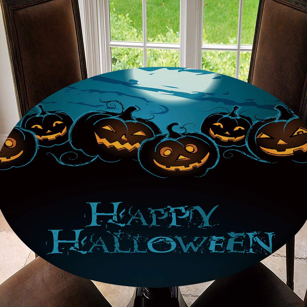 Waterproof Elastic Round Tablecloth - Halloween Pumpkin Design, Fits 35