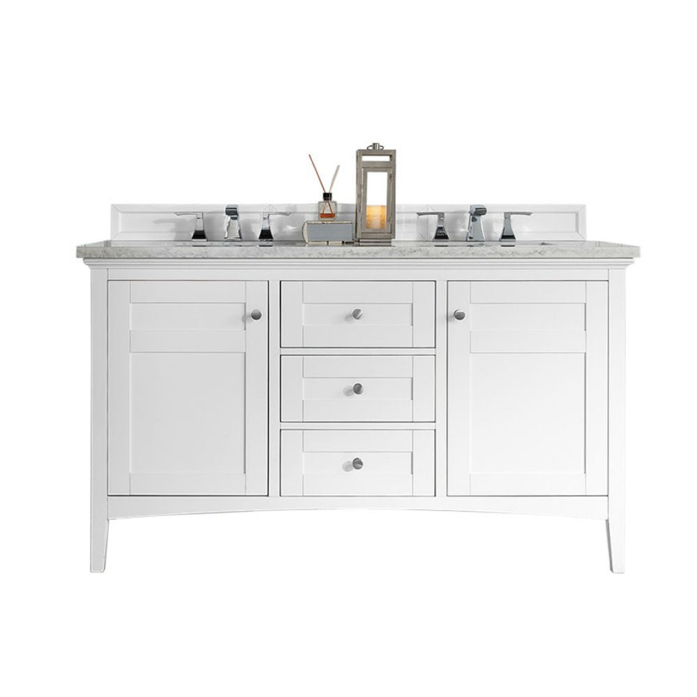 Palisades 60 Inch Double Bathroom Vanity with Carrara Marble Top - Bright White Finish for Modern Bathrooms | Perfect for Master Bath, Guest Bath & Powder Room Renovations