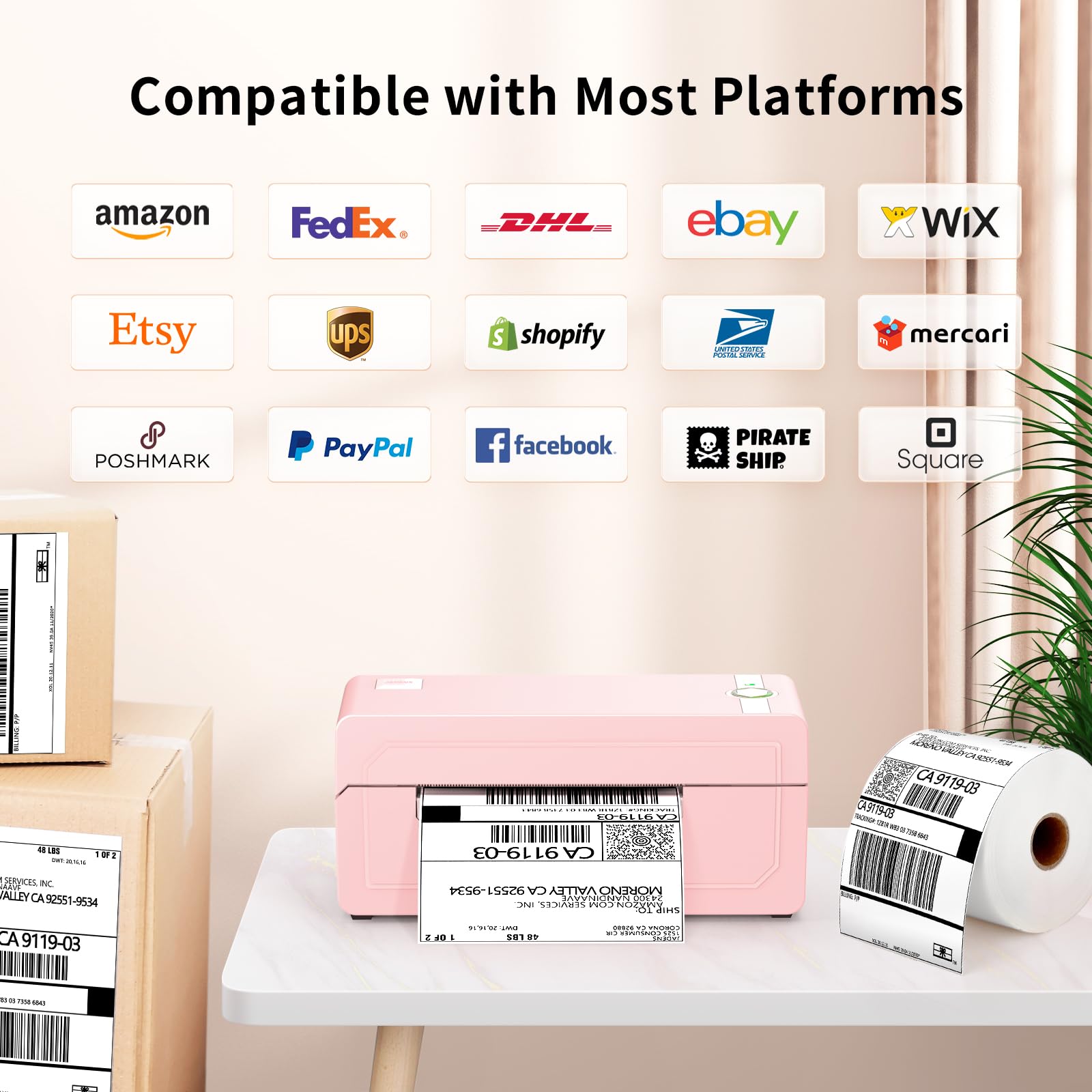 JADENS Pink Bluetooth Thermal Label Printer 4x6 - Wireless Shipping Label Printer for Small Business, Ecommerce & Packages | Compatible with iOS, Android, Mac, Windows | Works with Amazon, Etsy, eBay, Shopify | Perfect for Home Office, Warehouse & Shipping Centers