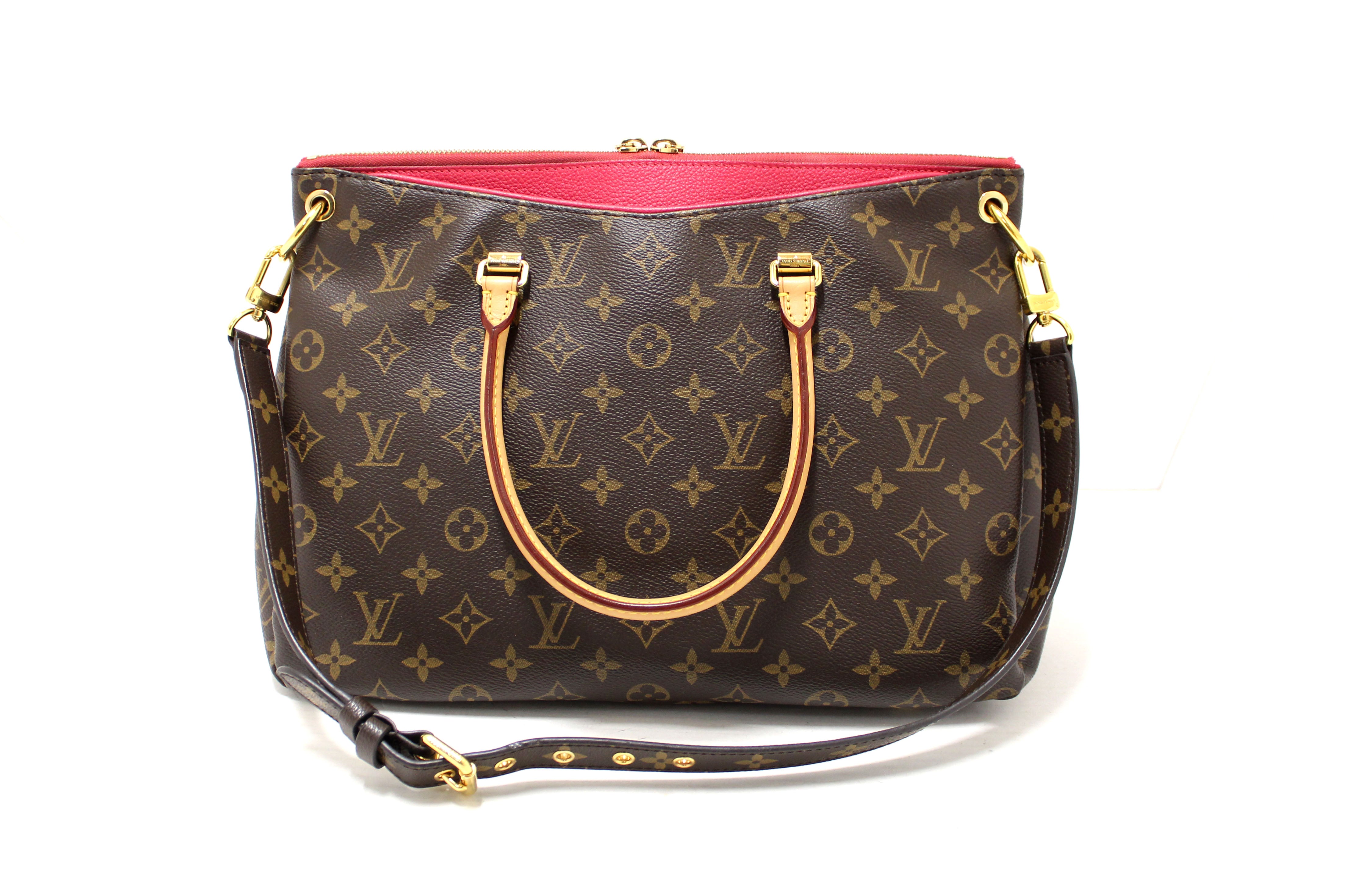 Authentic Louis Vuitton Pallas MM Handbag - Classic Monogram with Fuchsia Calfskin Leather | Luxury Designer Purse for Women, Perfect for Work, Travel & Evening Events