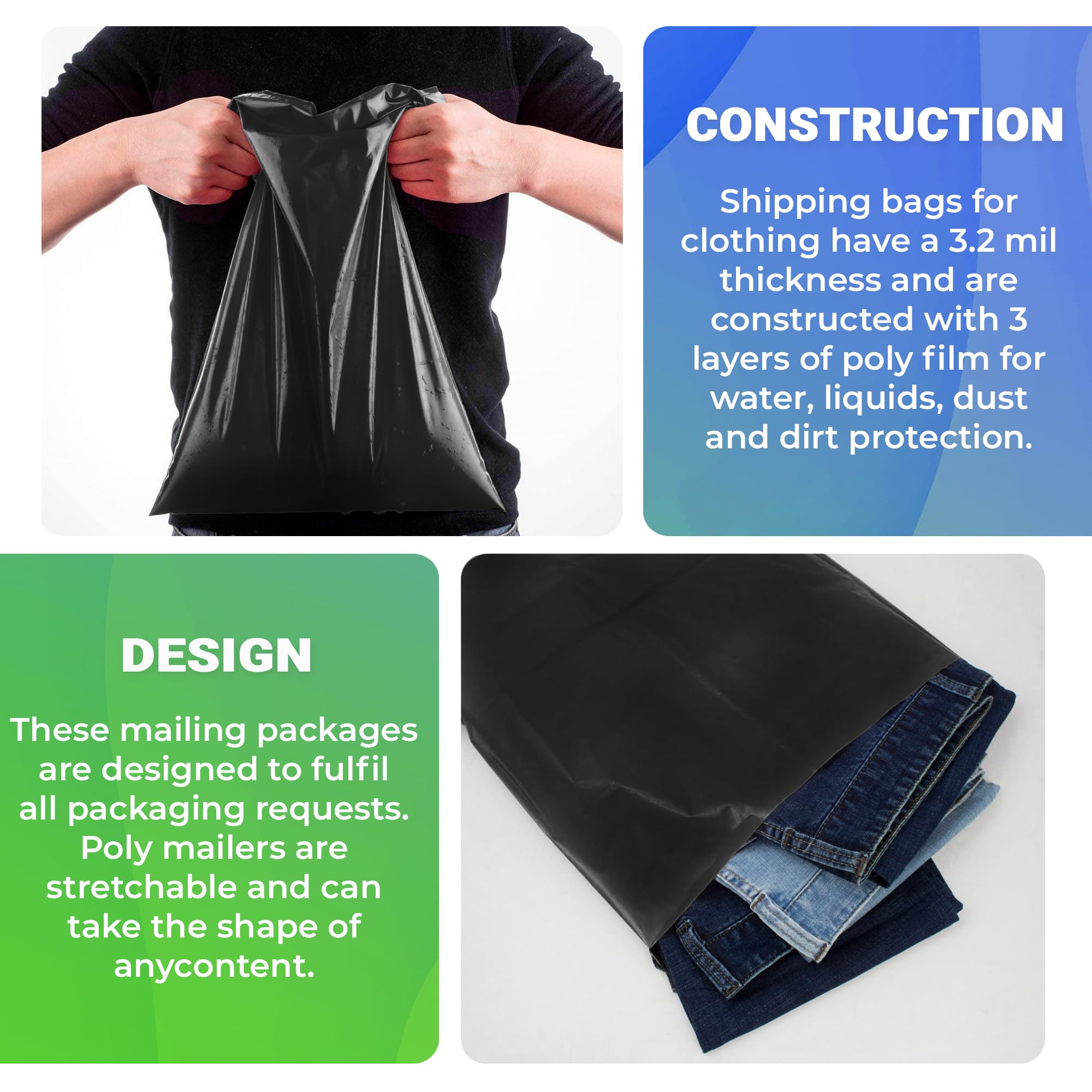 500 Pack Black Poly Mailers 14.5 x 19 Inches - Self-Seal Waterproof Shipping Bags for Clothing & Apparel | Durable Stretchy Poly Envelopes for Ecommerce, Online Stores & USPS Shipping