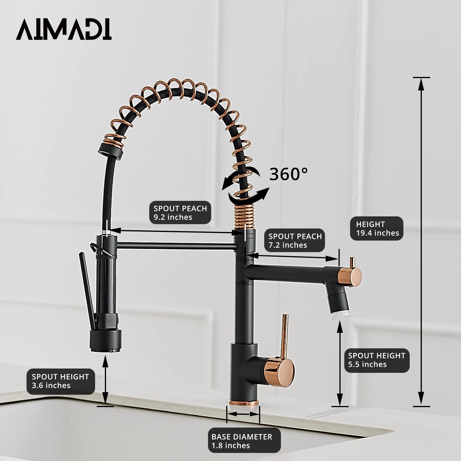 AIMADI Matte Black Commercial Kitchen Faucet - Single Handle Pull Down Sprayer with Spring Rose Gold Accent | Perfect for Restaurants, Home Kitchens & Bar Sinks