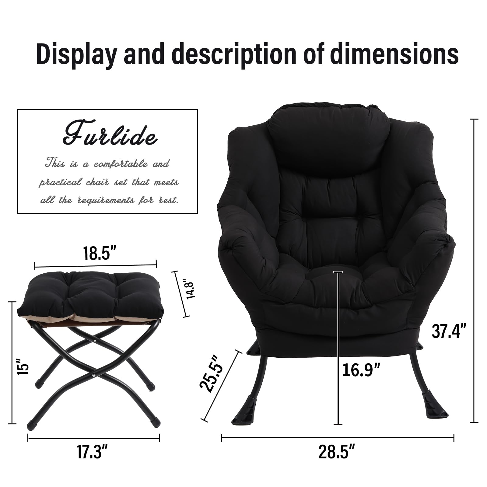 Modern Lazy Chair with Ottoman - Folding Footrest Lounge Accent Chair for Living Room - Comfortable Reading Recliner Chair (Black) - Perfect for Relaxing, Napping & Home Office Use