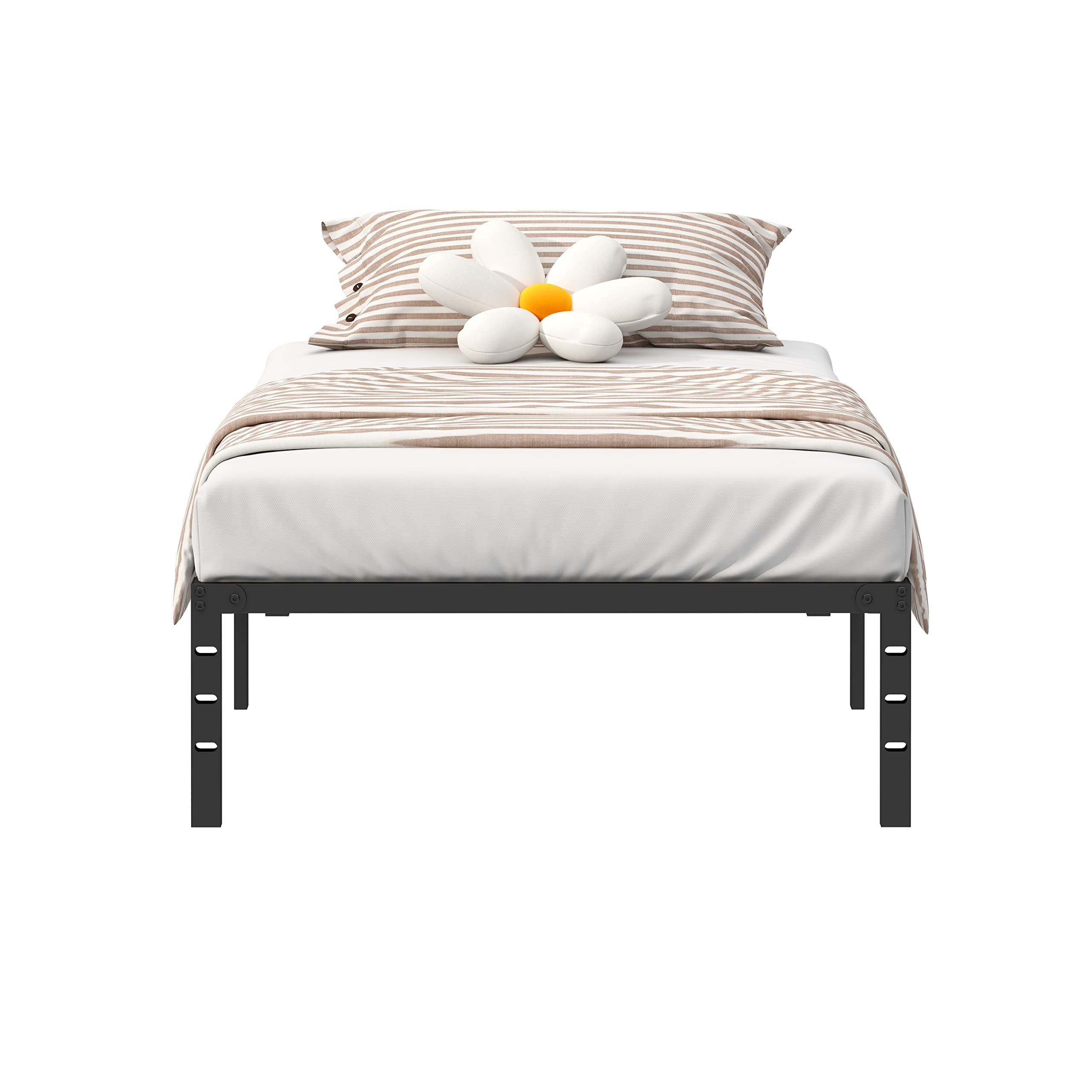 Sturdy 14 Inch Black Reinforced Metal Bed Frame with Steel Bar Support - Easy Assembly & Transport, Under Bed Storage Space - Perfect for Twin Beds in Dorms, Apartments & Guest Rooms