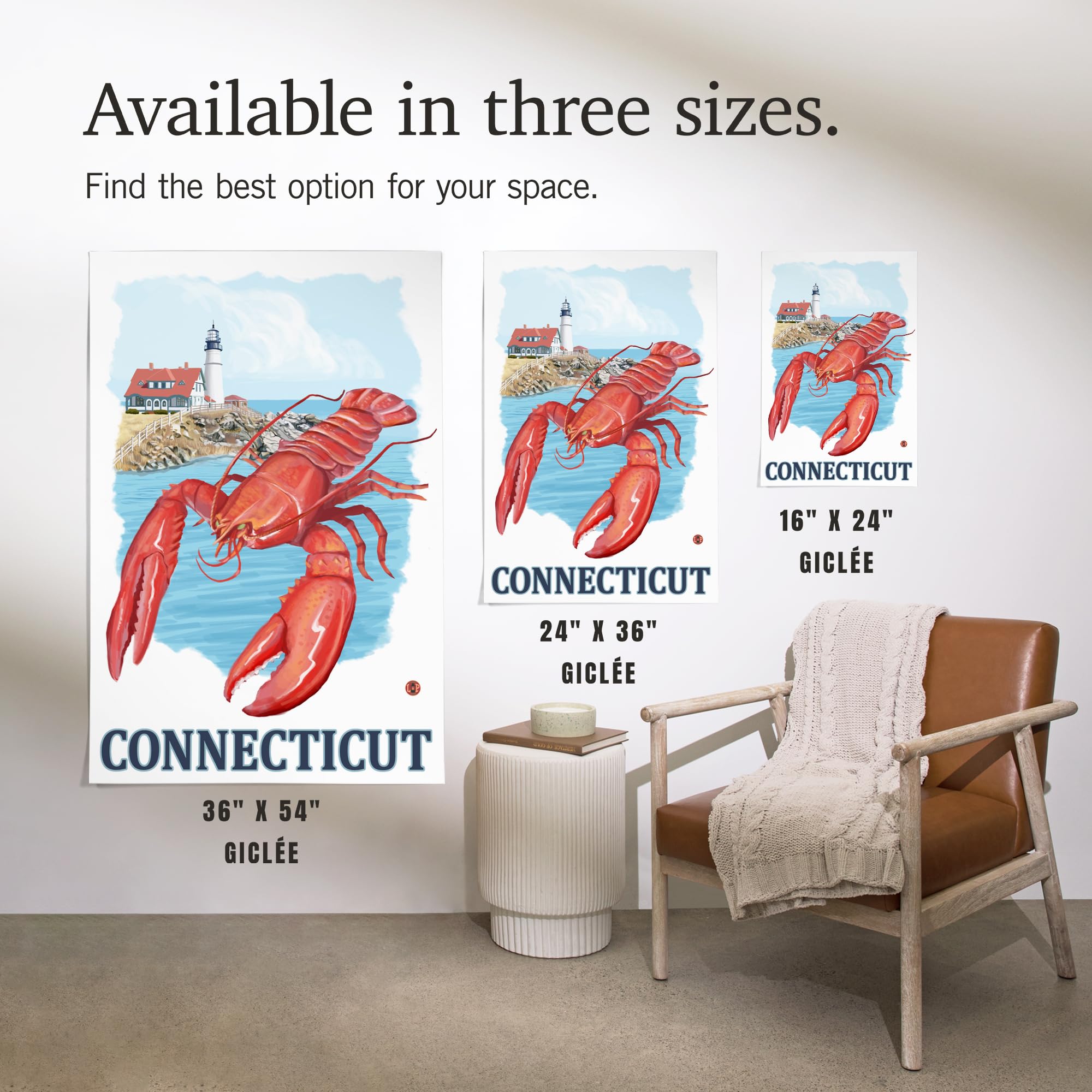 Lantern Press 16x24 Inch Giclee Art Print - Connecticut Coastal Lighthouse & Lobster Scene - Perfect for Beach House Decor & Nautical Themed Rooms