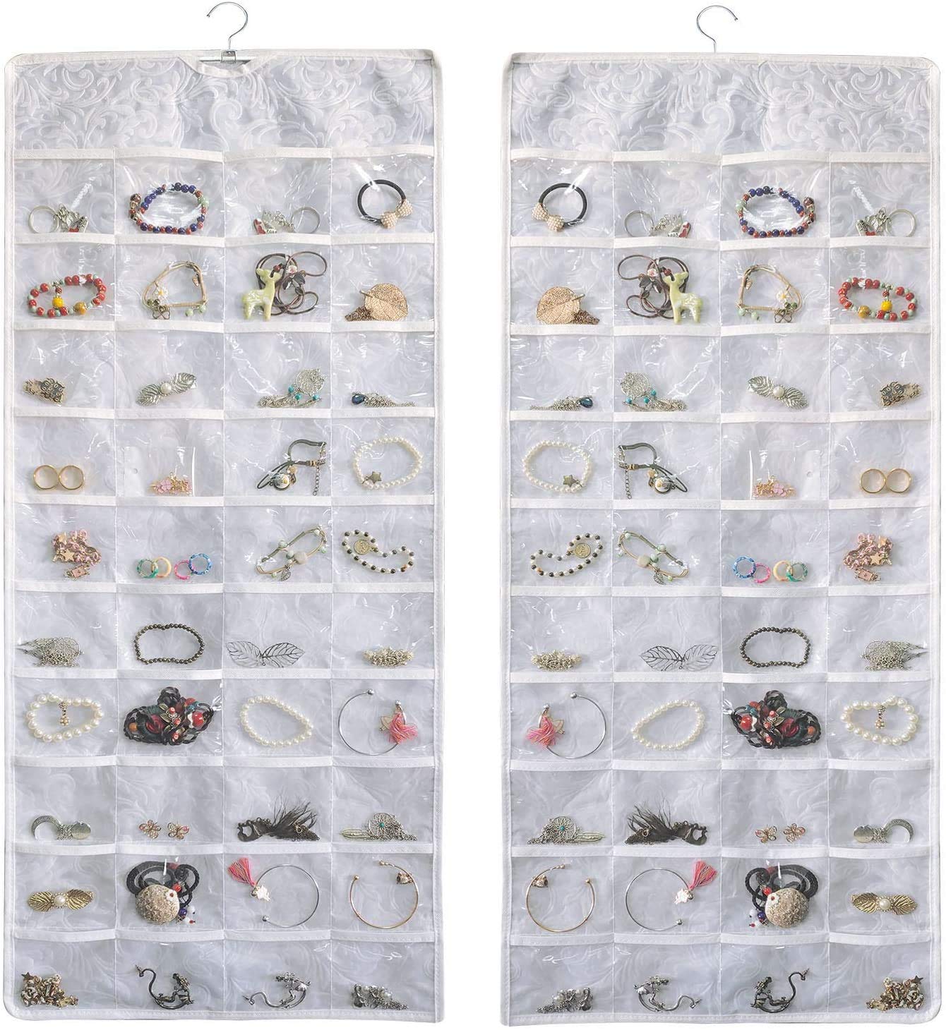 Double Sided Hanging Jewelry Organizer with 80 Clear PVC Pockets - Embossed Pattern Jewelry Storage for Necklaces, Earrings & Bracelets - Perfect for Closet, Bathroom & Travel Organization (White)