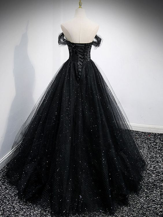 Elegant Off-The-Shoulder Shiny Tulle Long Prom Dress - A-Line Black Evening Gown for Formal Events & Special Occasions | Perfect for Homecoming, Wedding Guest & Red Carpet