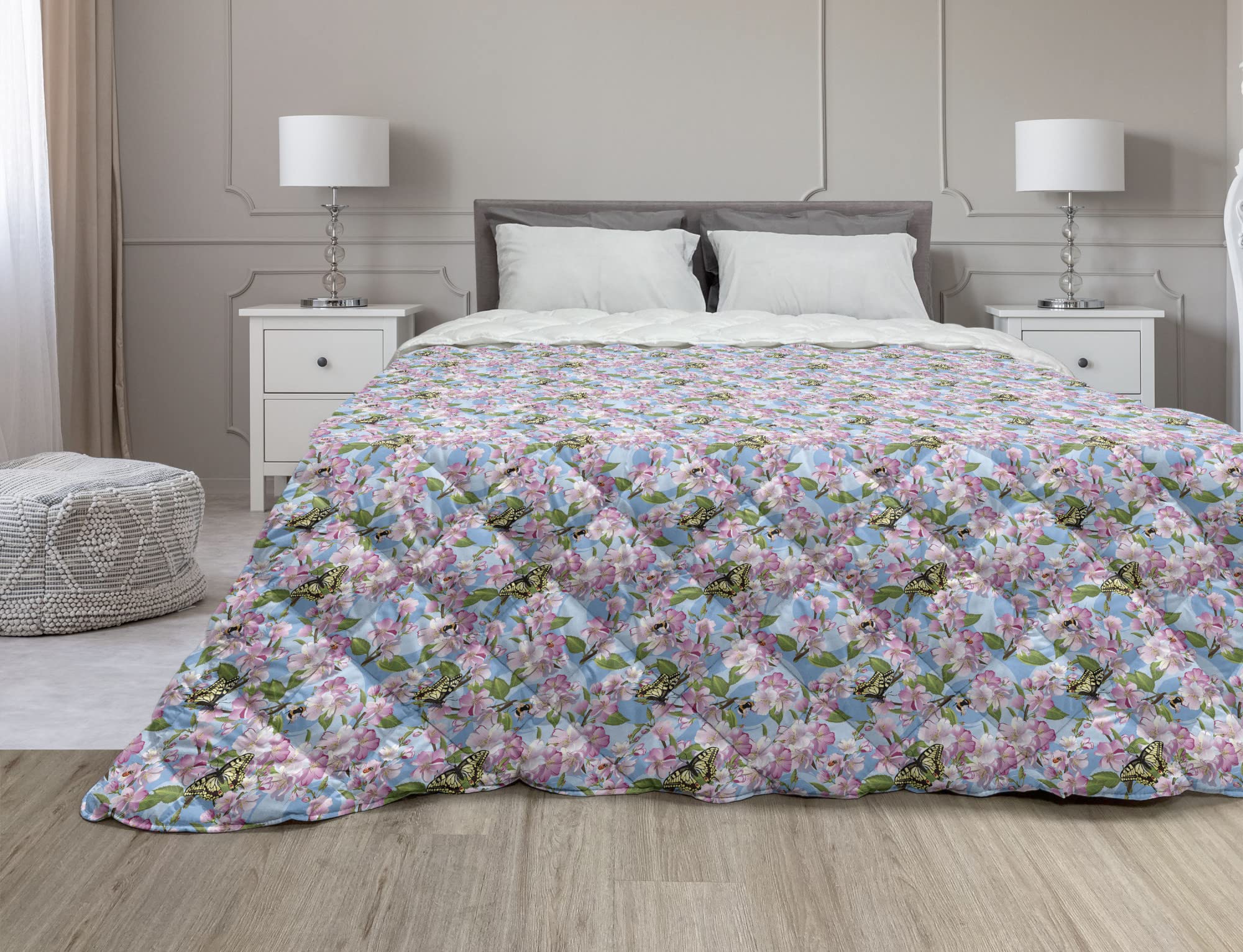 Ambesonne Spring Down Alternative Comforter - Romantic Apple Blossom Butterfly Bumblebee Print Microfiber Quilt - All Season Lightweight Bedding - Twin Size Lilac Olive Green Blue - Perfect for Guest Room, Dorm, or Cozy Bedroom Decor