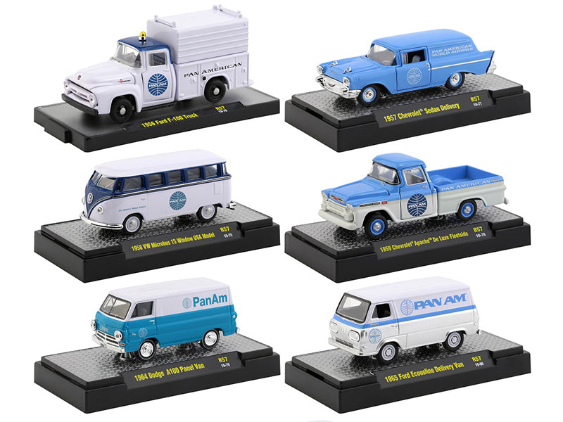 1/64 Scale Diecast Model Cars - M2 Machines Auto Trucks Set of 6 Pan American World Airways (Pan Am) Release 57 in Display Cases - Perfect for Collectors, Aviation Enthusiasts & Home/Office Decor