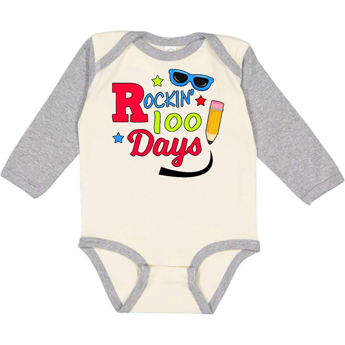 Inktastic Rockin 100 Days with Sunglasses and Pencil Long Sleeve Baby Bodysuit - Cute Graphic Onesie for Newborns & Infants - Perfect for 100 Days Celebration, Photo Shoots & Everyday Wear