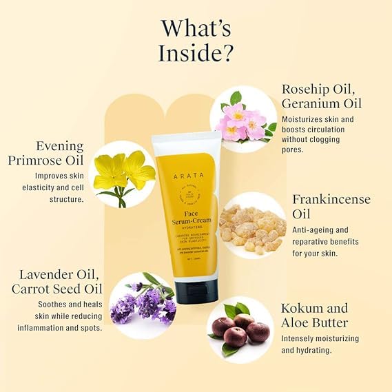 Hydrating Face Serum-Cream with Ayurvedic Rosehip, Lavender & Evening Primrose Oil | Natural Vegan Skincare for Tightened, Elastic Skin | 3.4 Fl Oz | Perfect for Daily Moisturizing & Anti-Aging Routine