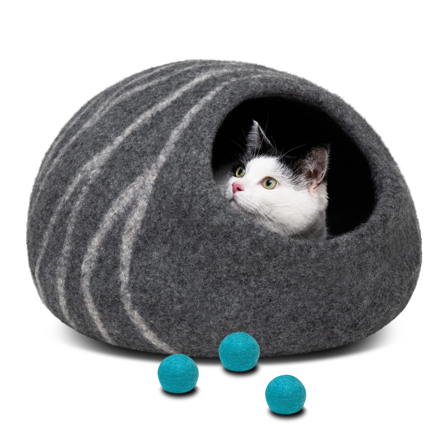 Premium Felt Cat Bed Cave with 6 Wool Ball Toys - Dark Grey Large Size Cozy Pet Bed for Indoor Cats | Perfect for Napping, Playtime & Warm Winter Nights