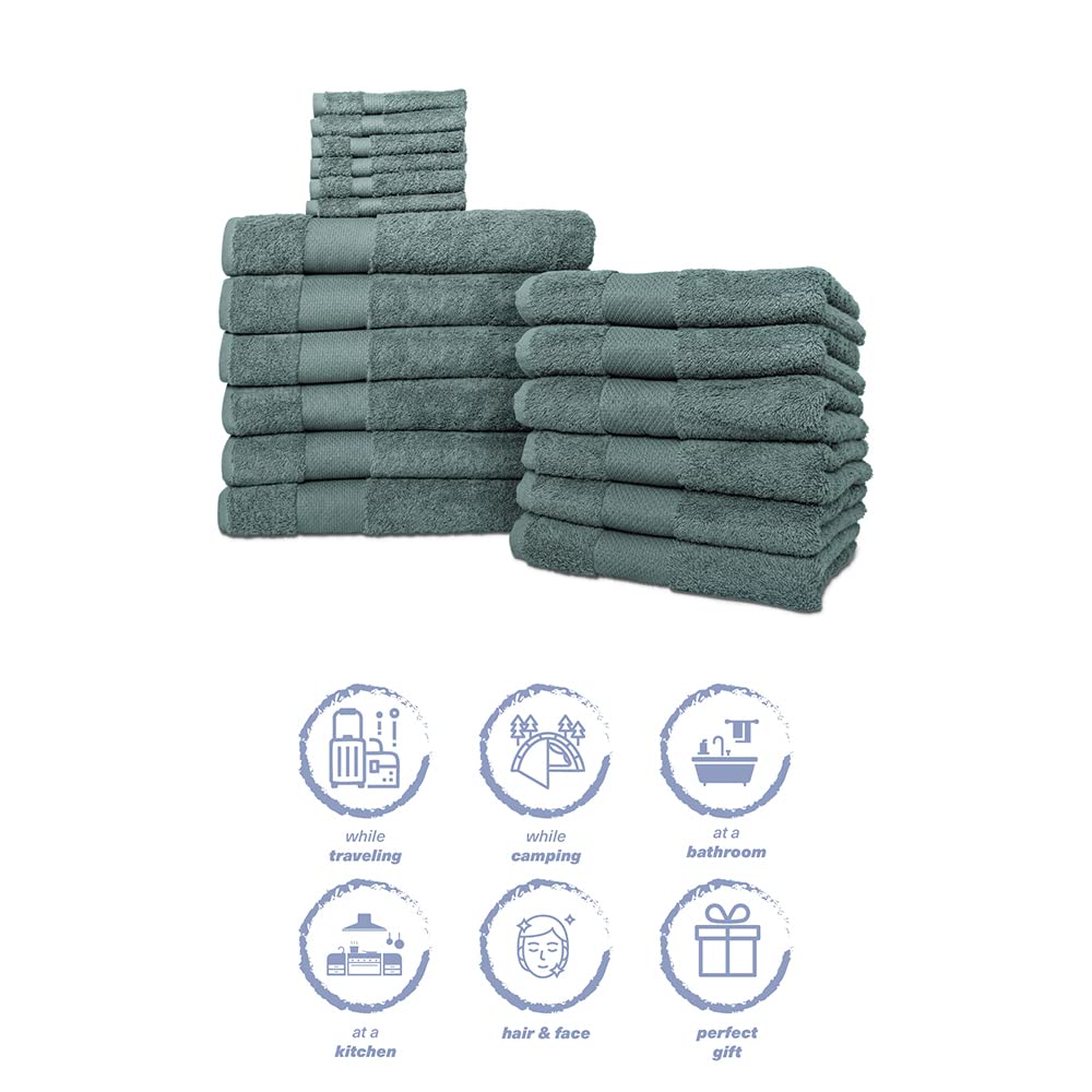 Premium 18-Piece Bath Towel Set - 100% Turkish Cotton, Ultra Absorbent & Quick Dry - 6 Bath Towels, 6 Hand Towels, 6 Washcloths - Luxury Spa & Hotel Quality - Perfect for Home, Gym, and Guest Bathrooms - Dark Green 18-Pack